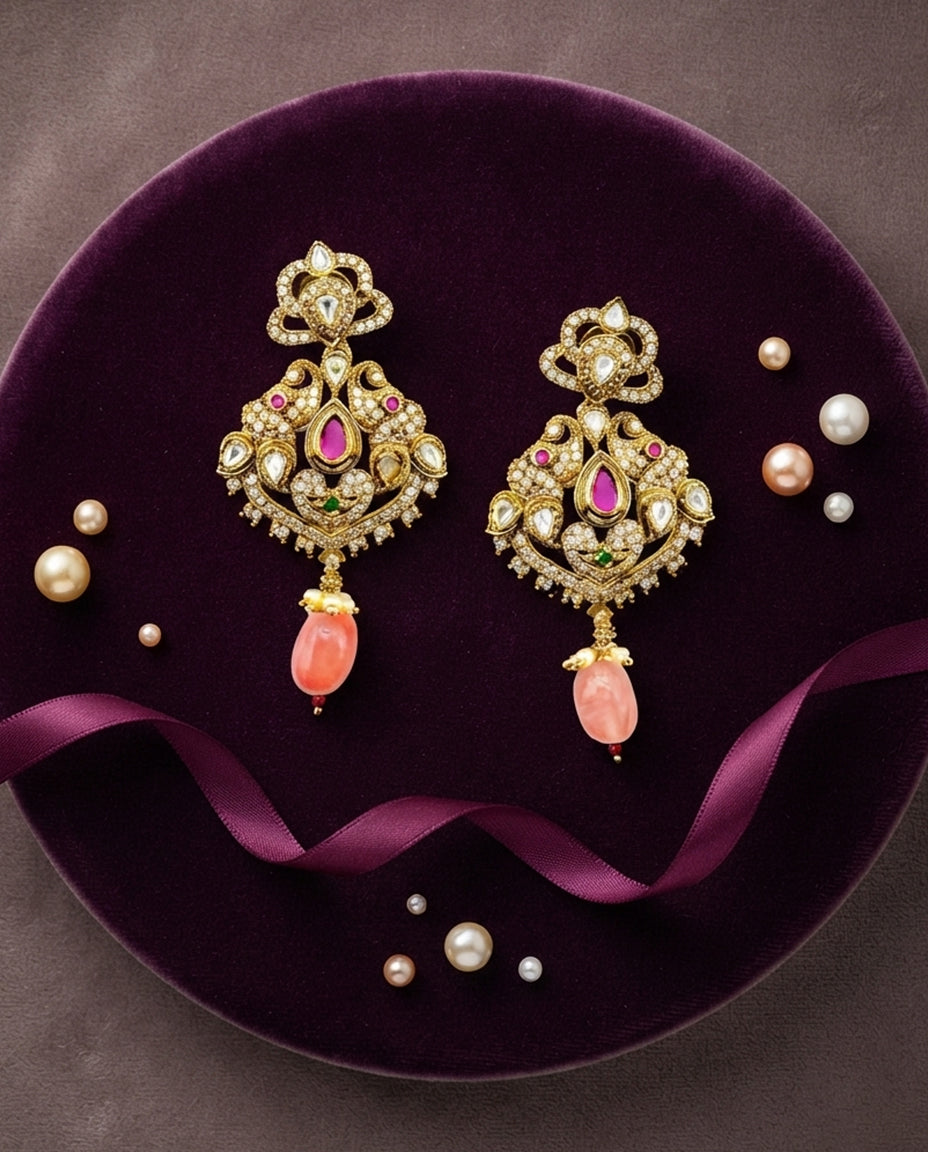 Elephant Motif Earrings with Pink Drop Stones