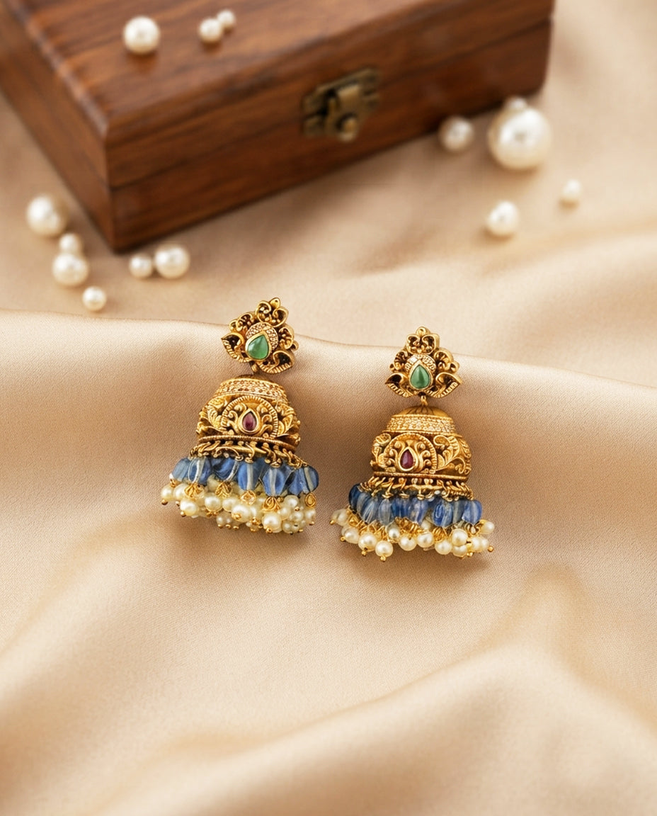 Flower-Shaped Jhumkas with Light Blue Drops