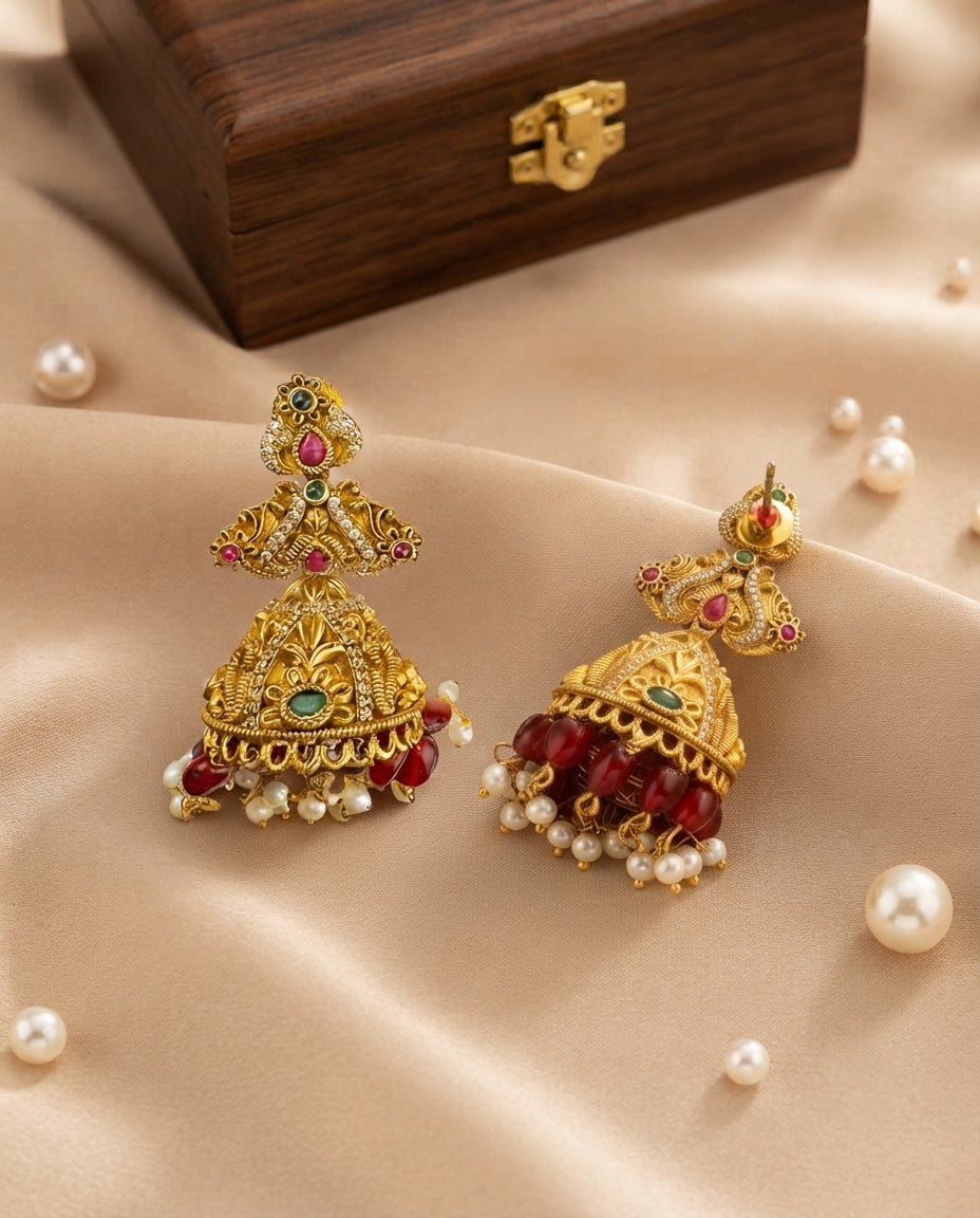 Jhumkas with CZ Accents and Red Stone Drops