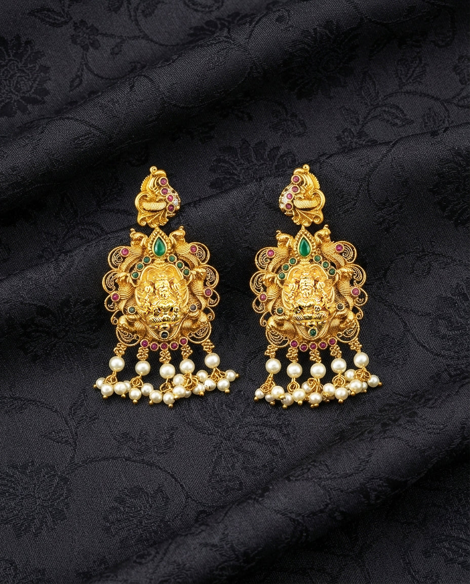Laxmi Motif Danglers with Pearl Droplets