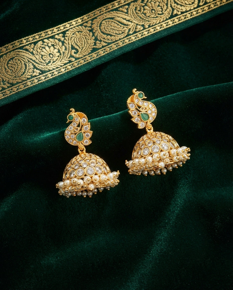 Peacock Jhumkas with White CZ Stones