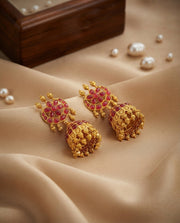 Ruby Jhumkas with Gold-Colored Beads