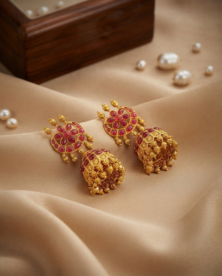 Ruby Jhumkas with Gold-Colored Beads