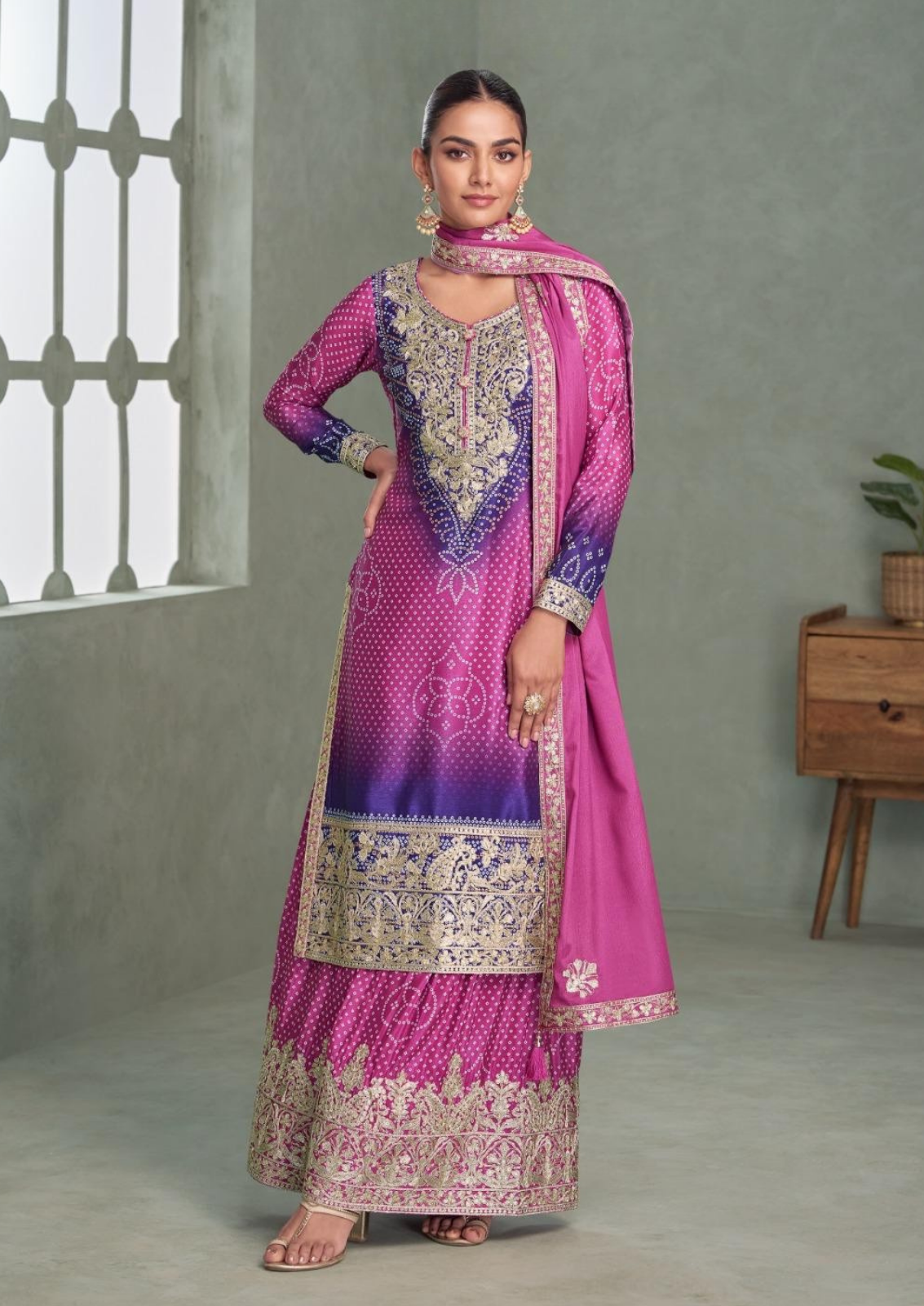 Bandini Sharara Set With Golden Chamki Embroidery