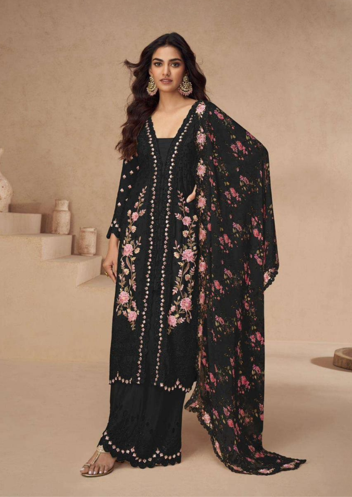 Chinon Silk Sharara With Sequin Embroidery