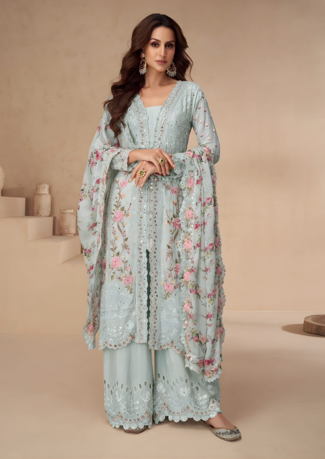 Chinon Silk Sharara With Sequin Embroidery