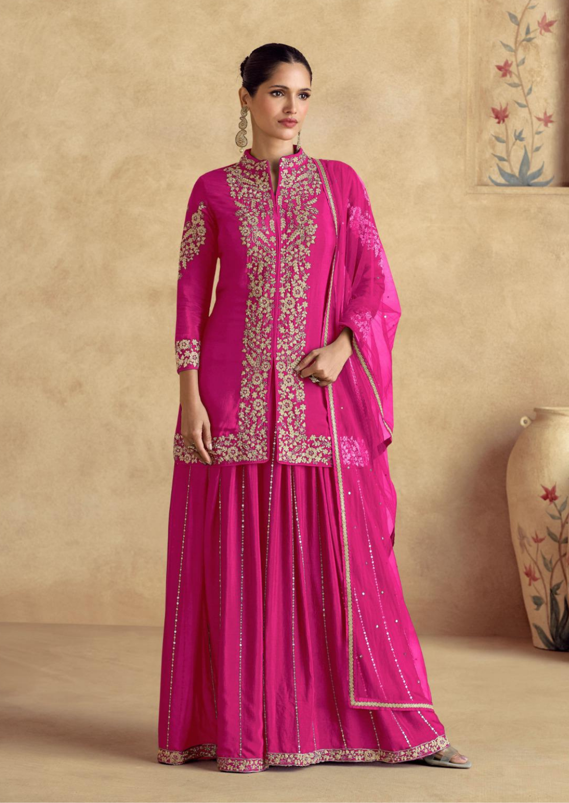 Silk Sharara Set with Golden Zari Embroidery