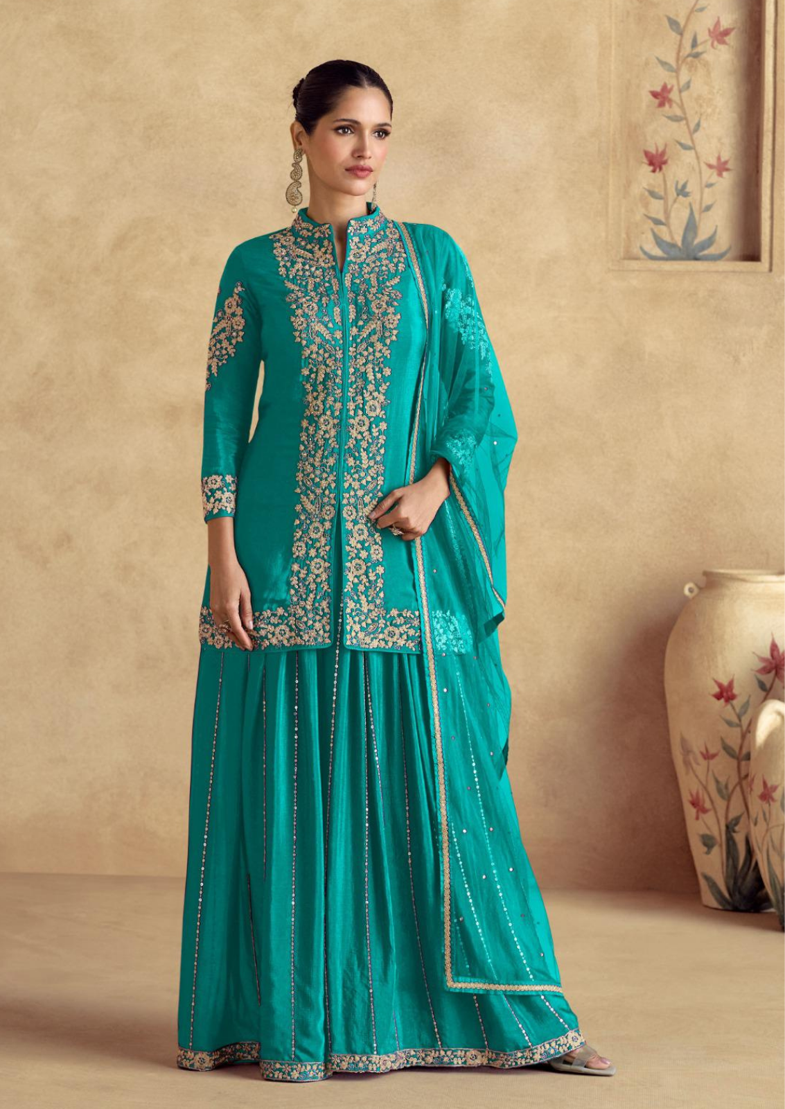 Silk Sharara Set with Golden Zari Embroidery