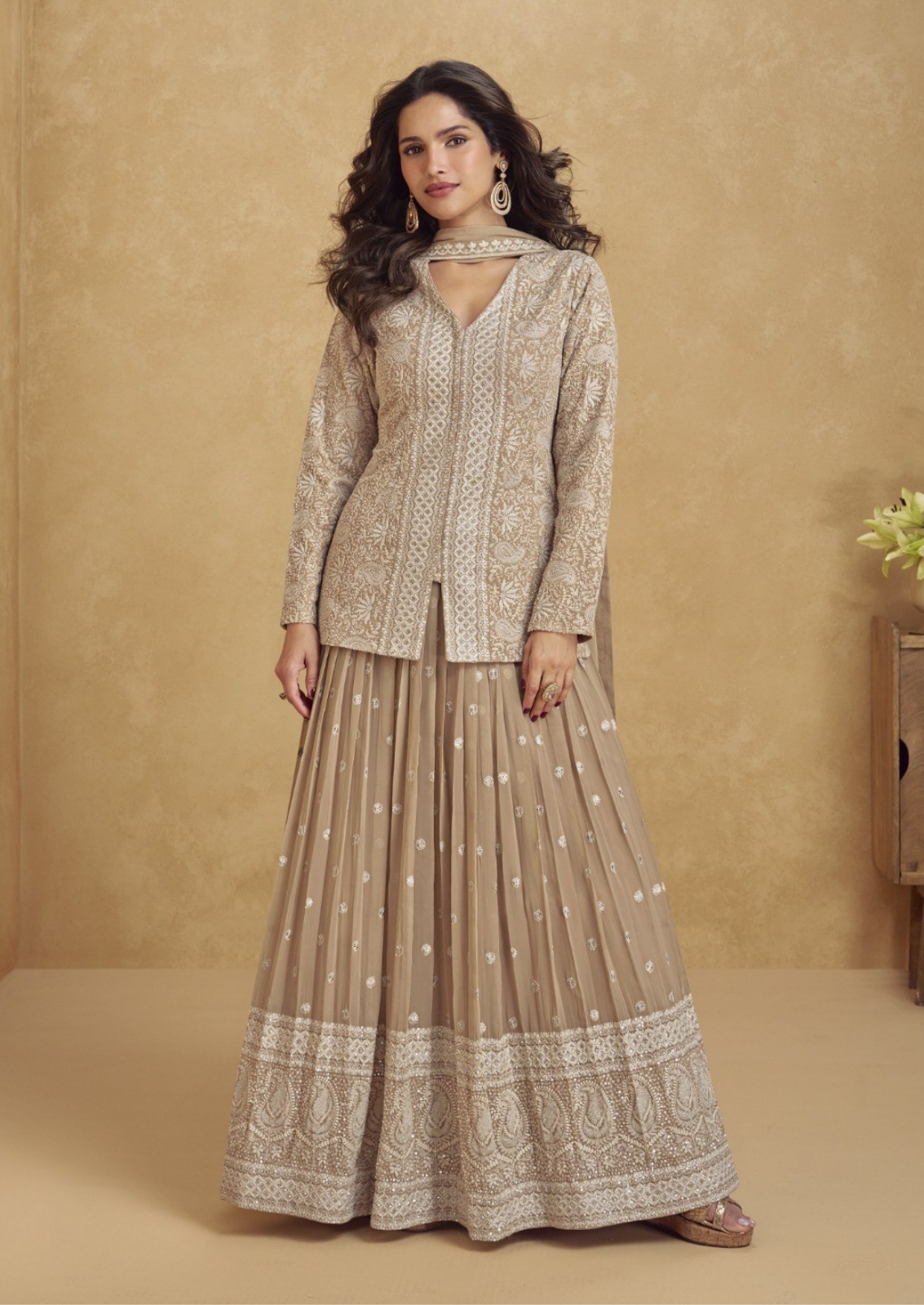 Beige Georgette Crop Top Shrug With Floor Skirt Set