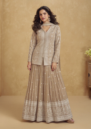Beige Georgette Crop Top Shrug With Floor Skirt Set