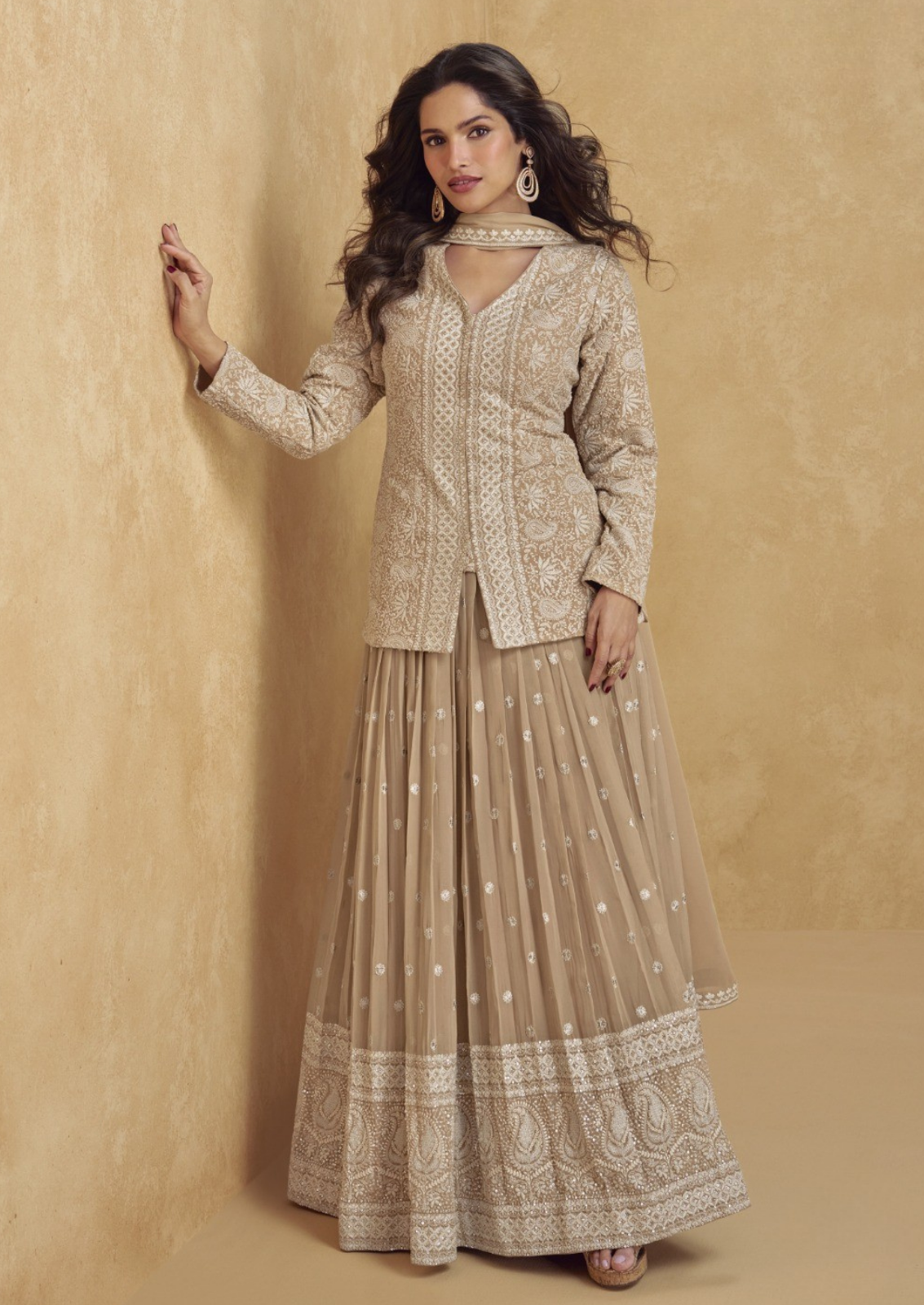 Beige Georgette Crop Top Shrug With Floor Skirt Set