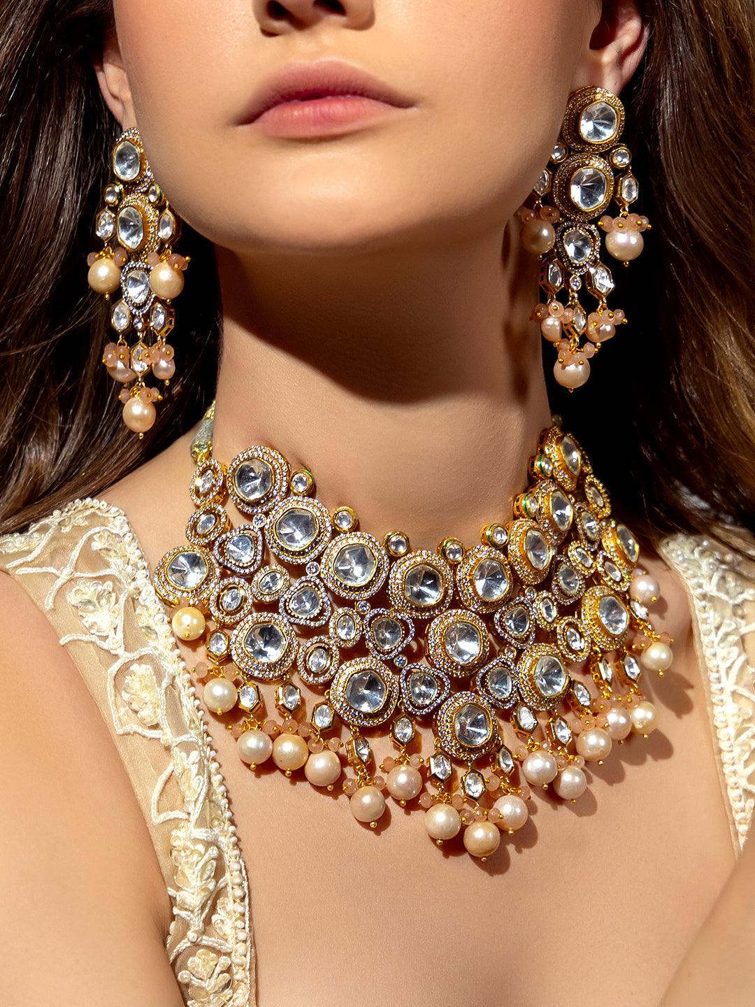 Flamboyant Pearl & Polki Necklace Set - Dyulokha
