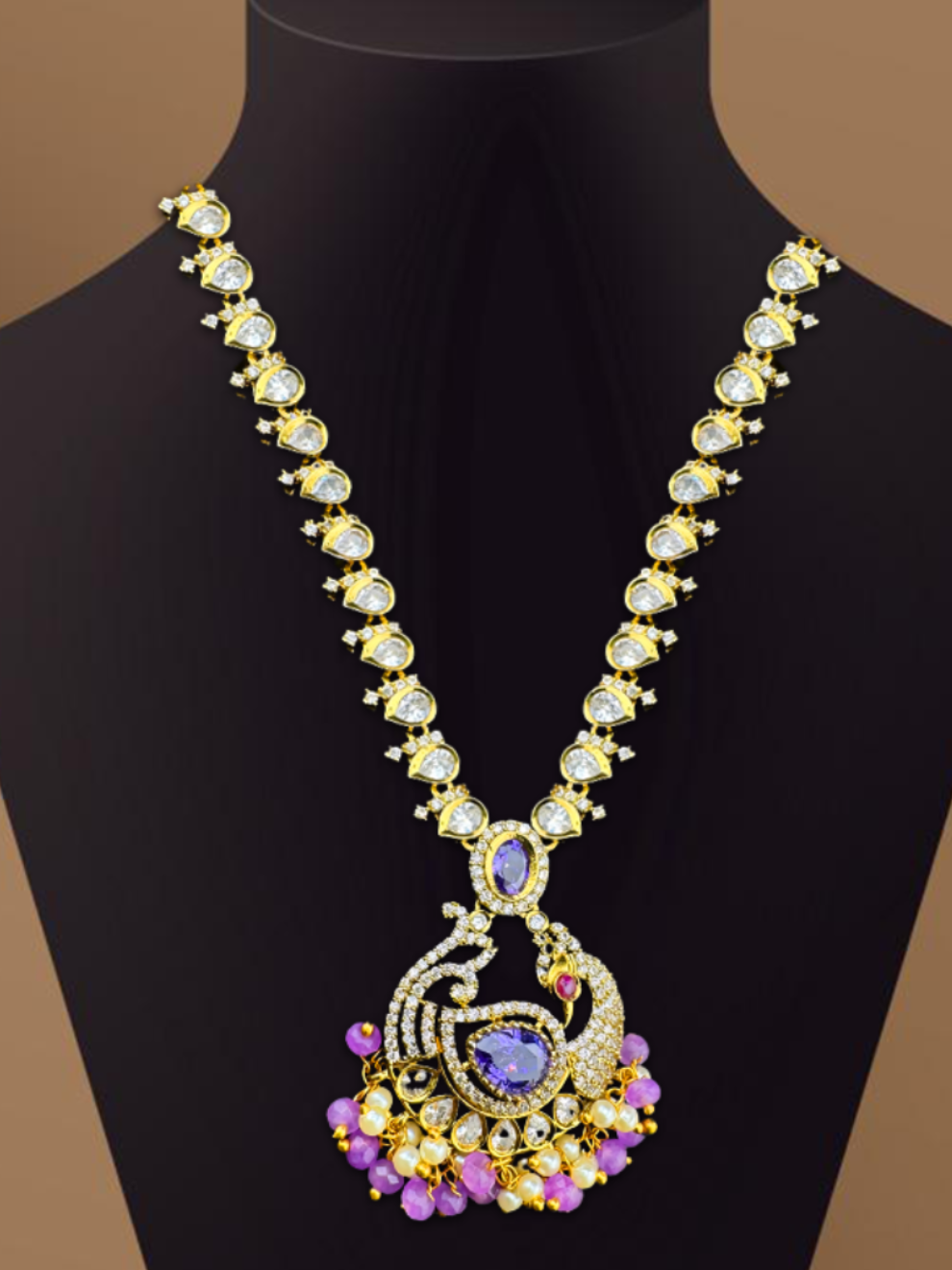 White Polki Necklace Set with Peacock Pendant