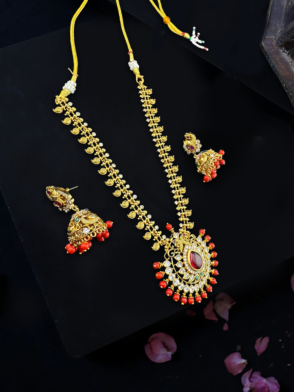 Traditional Mango Kundan Coral Necklace Set