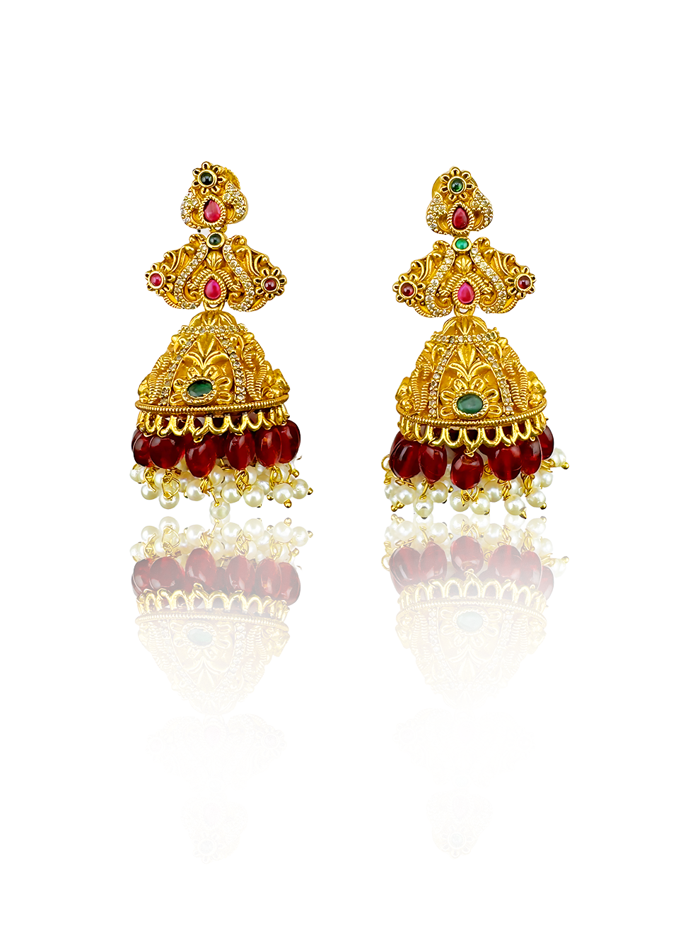 Jhumkas with CZ Accents and Red Stone Drops