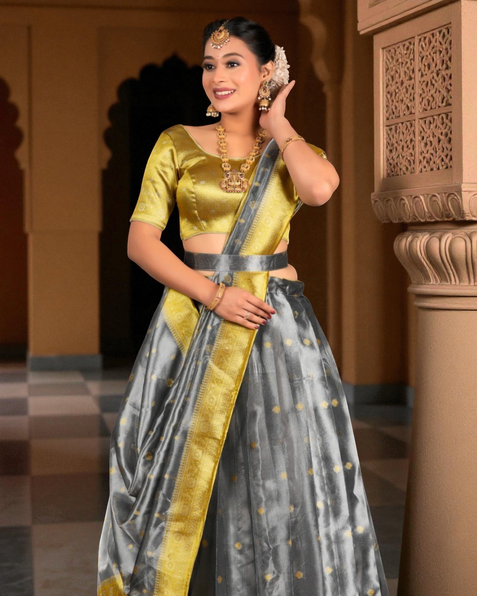 Intricate Grey Tissue Half Saree
