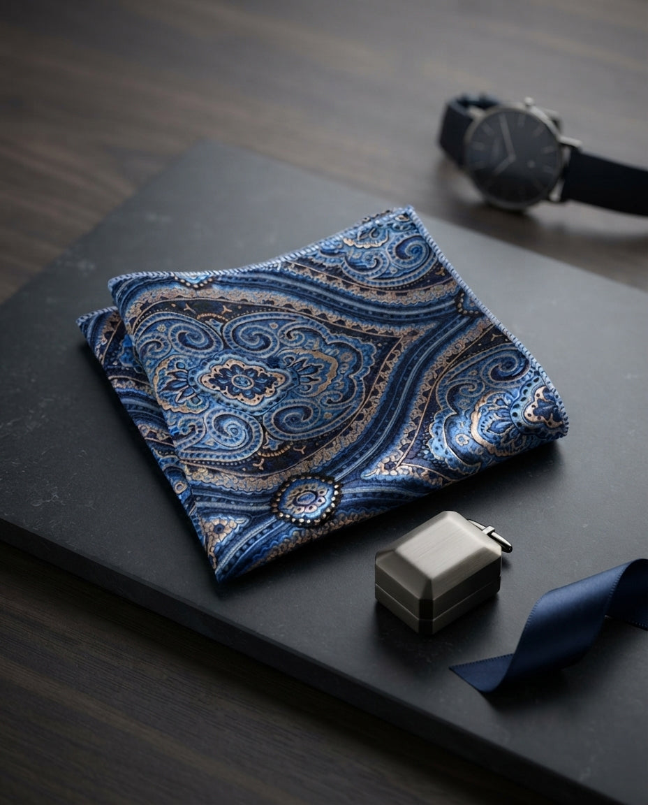 Blue Paisley Polyester Unisex Pocket Square