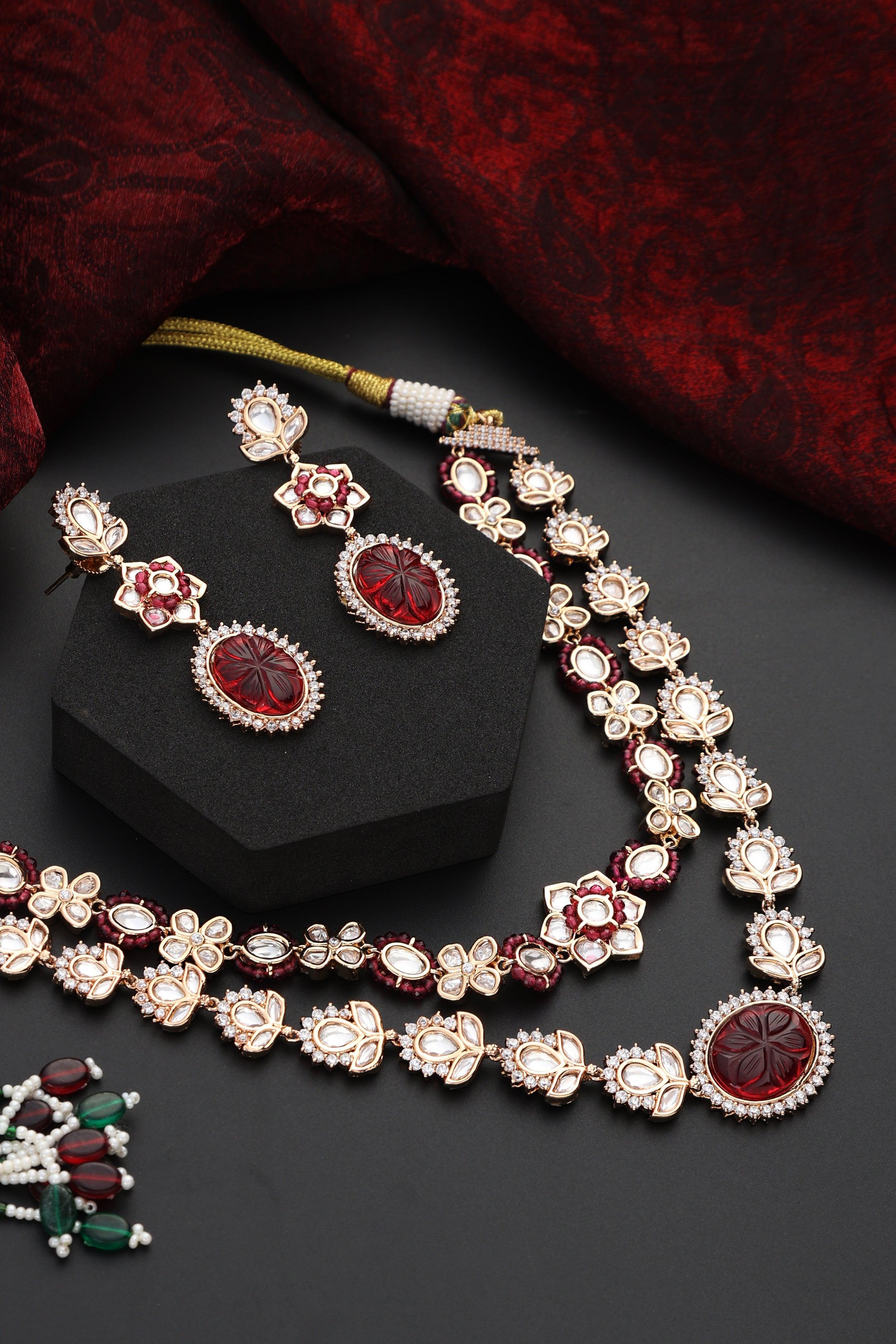Crimson layers Red Polki Necklace set - Dyulokha