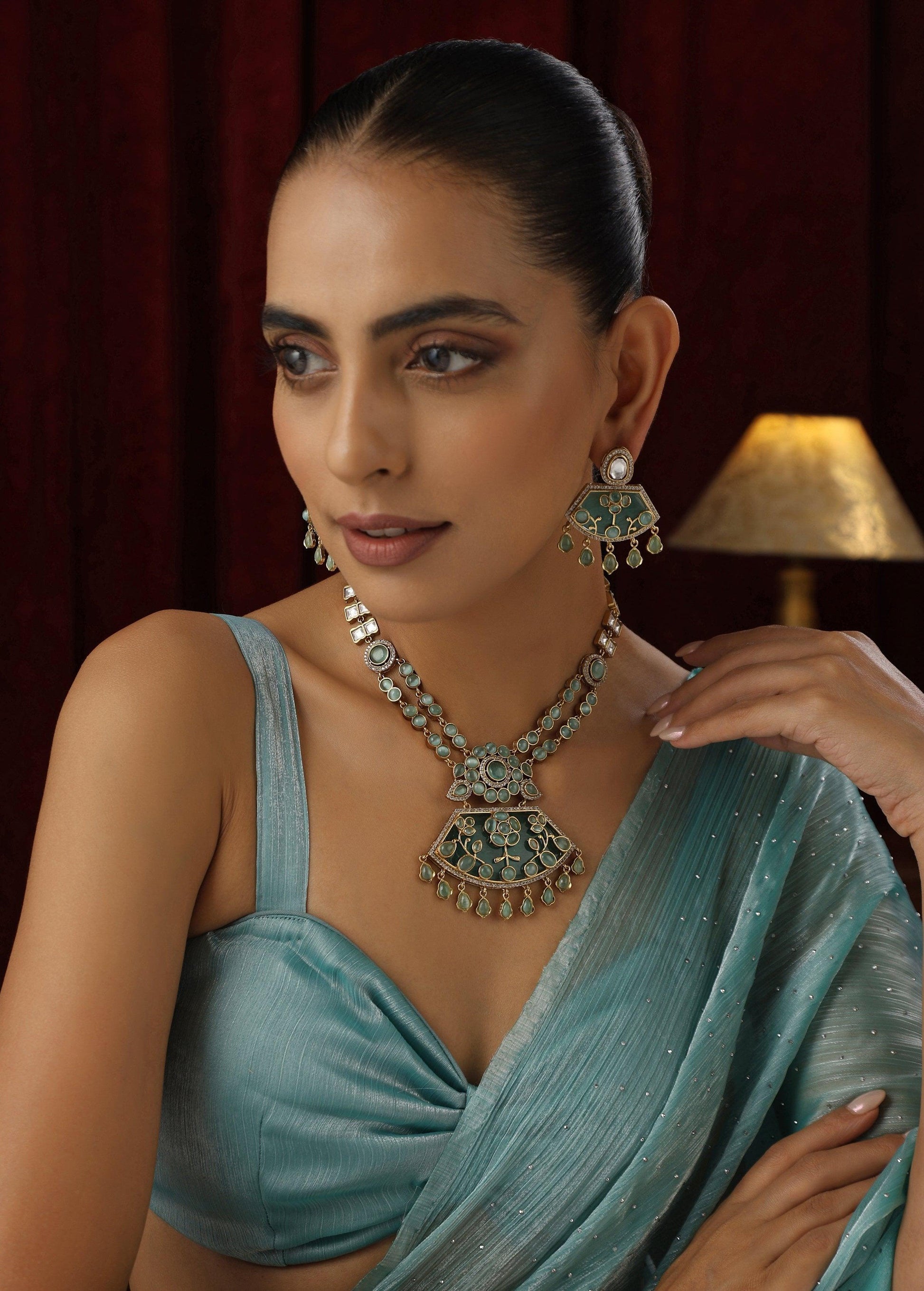 Ethereal Mint Polki Pendant Necklace set - Dyulokha