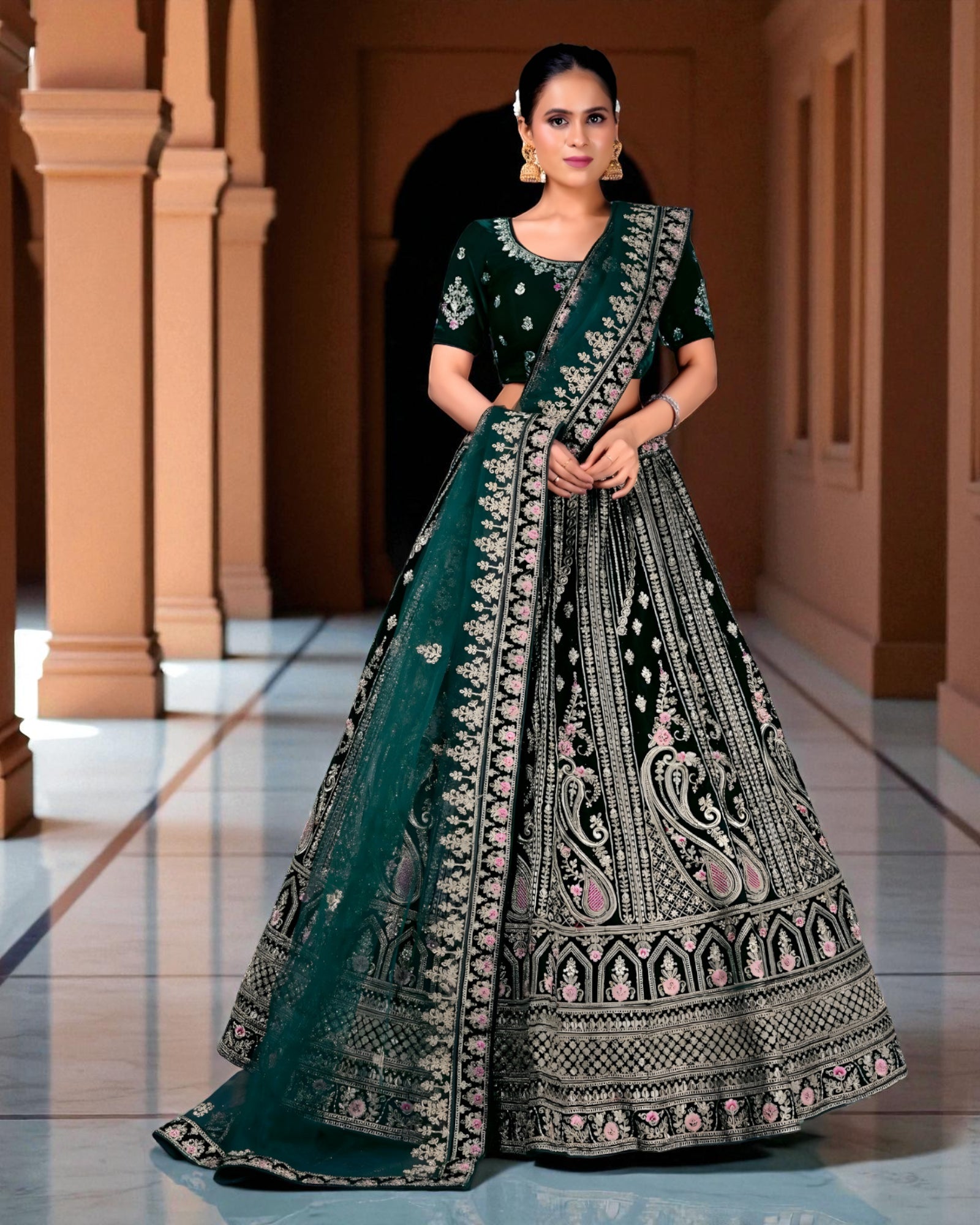 Red Velvet Embroidered Lehenga Set