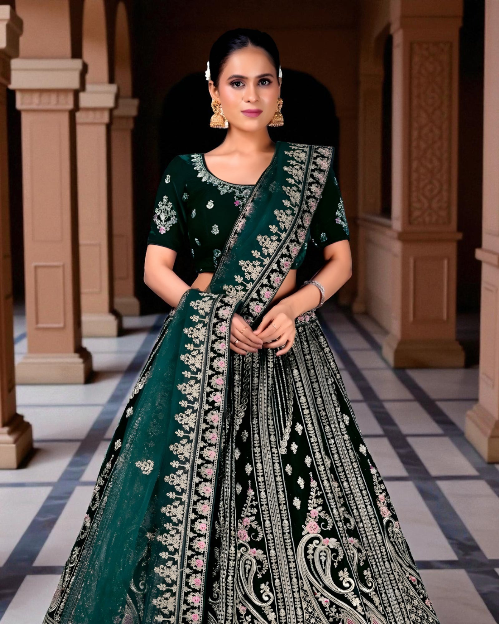 Red Velvet Embroidered Lehenga Set