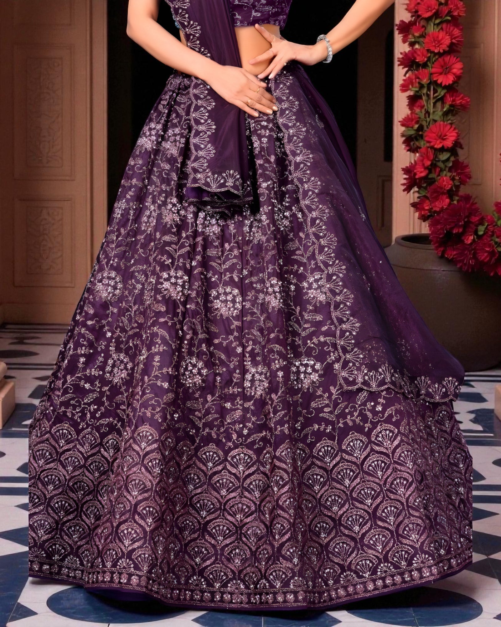 Twill Net Embroidered Lehenga Set