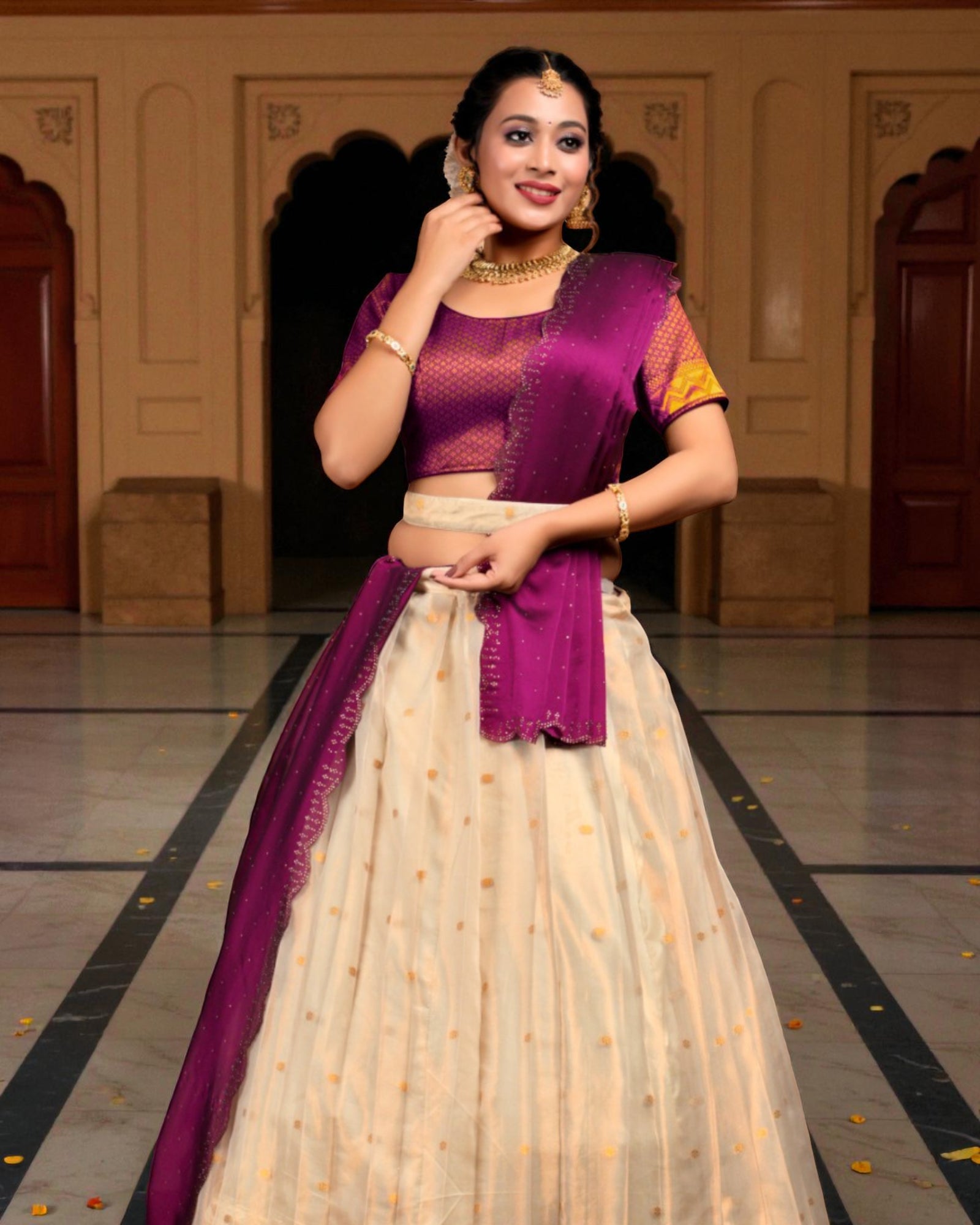 Peach Zari Half Saree With Elegant Embroidery