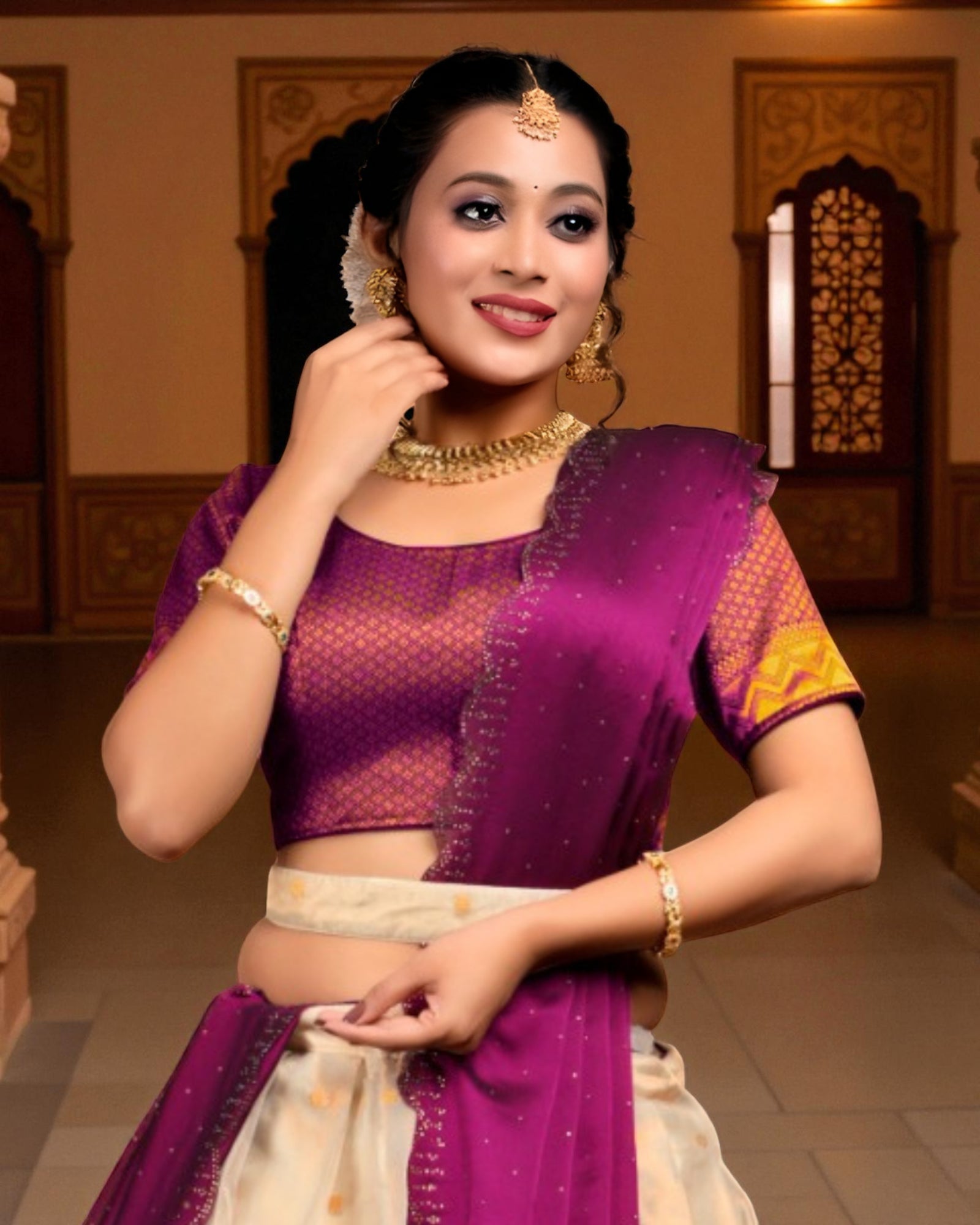 Peach Zari Half Saree With Elegant Embroidery