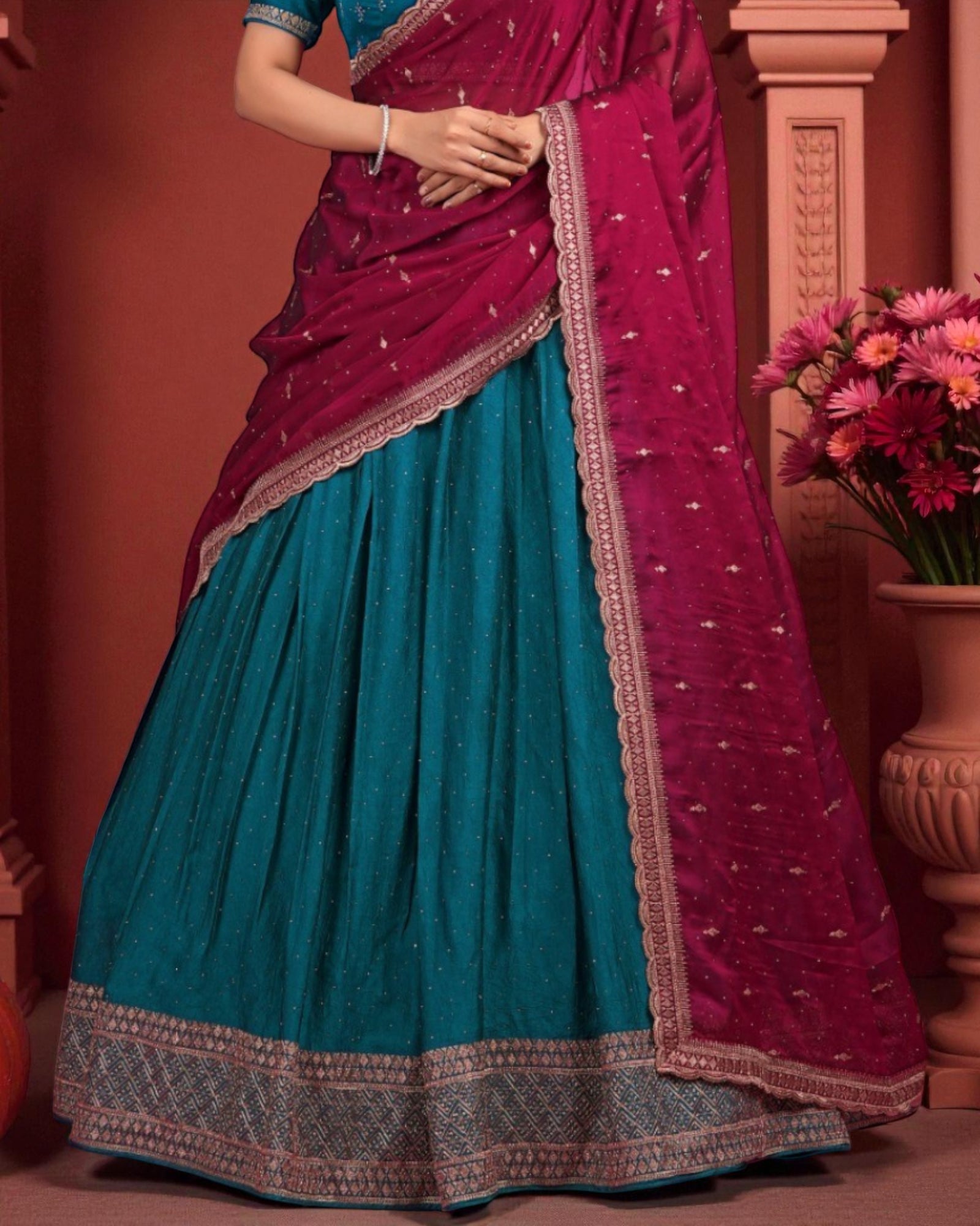 Firozi Georgette Half Saree With Artistic Detail