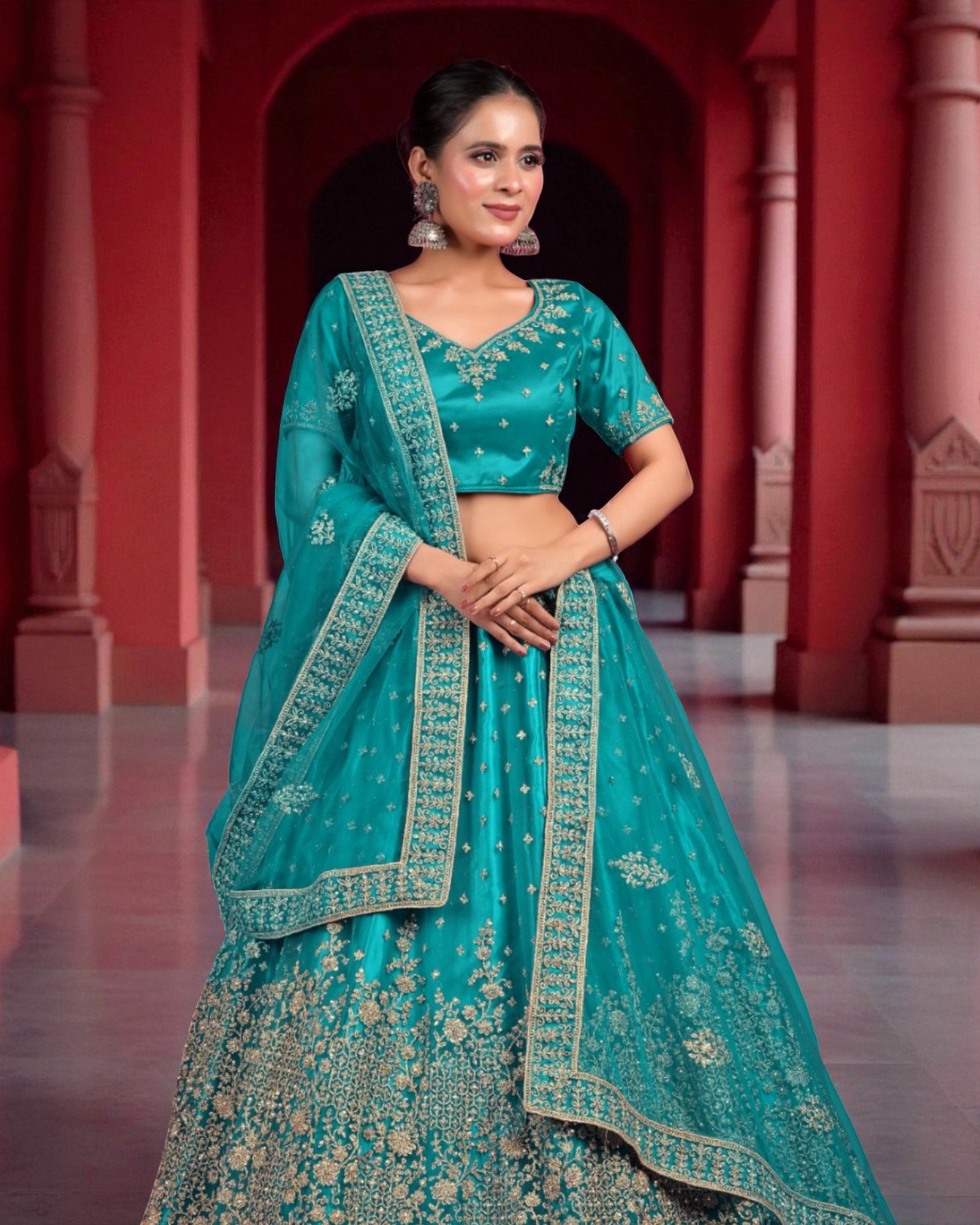 Firozi Embroidered Semi Stitched Lehenga Set