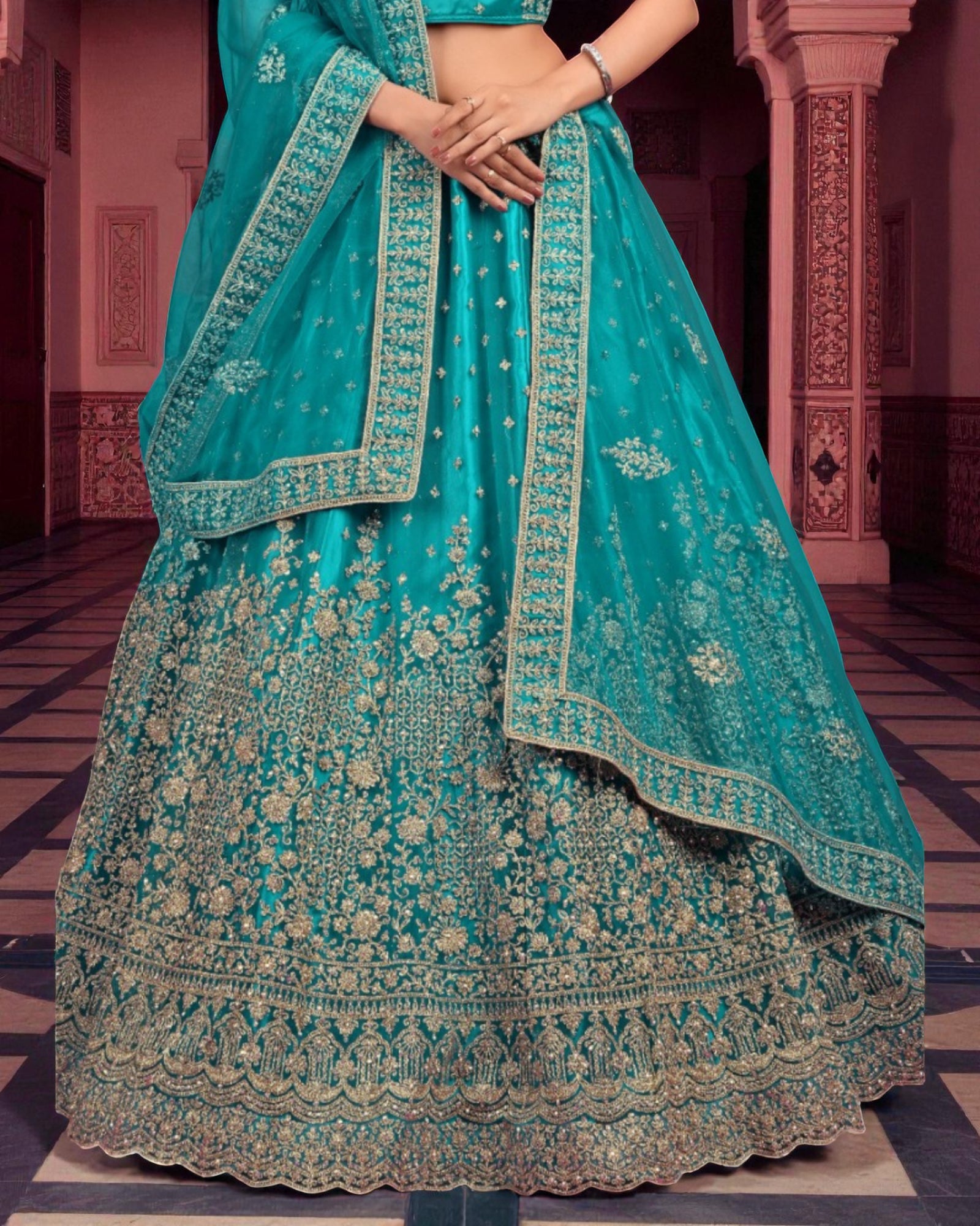 Firozi Embroidered Semi Stitched Lehenga Set