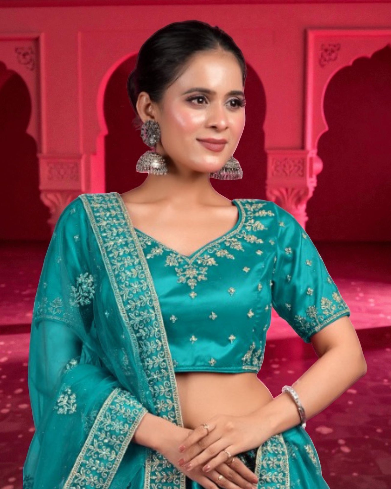 Firozi Embroidered Semi Stitched Lehenga Set