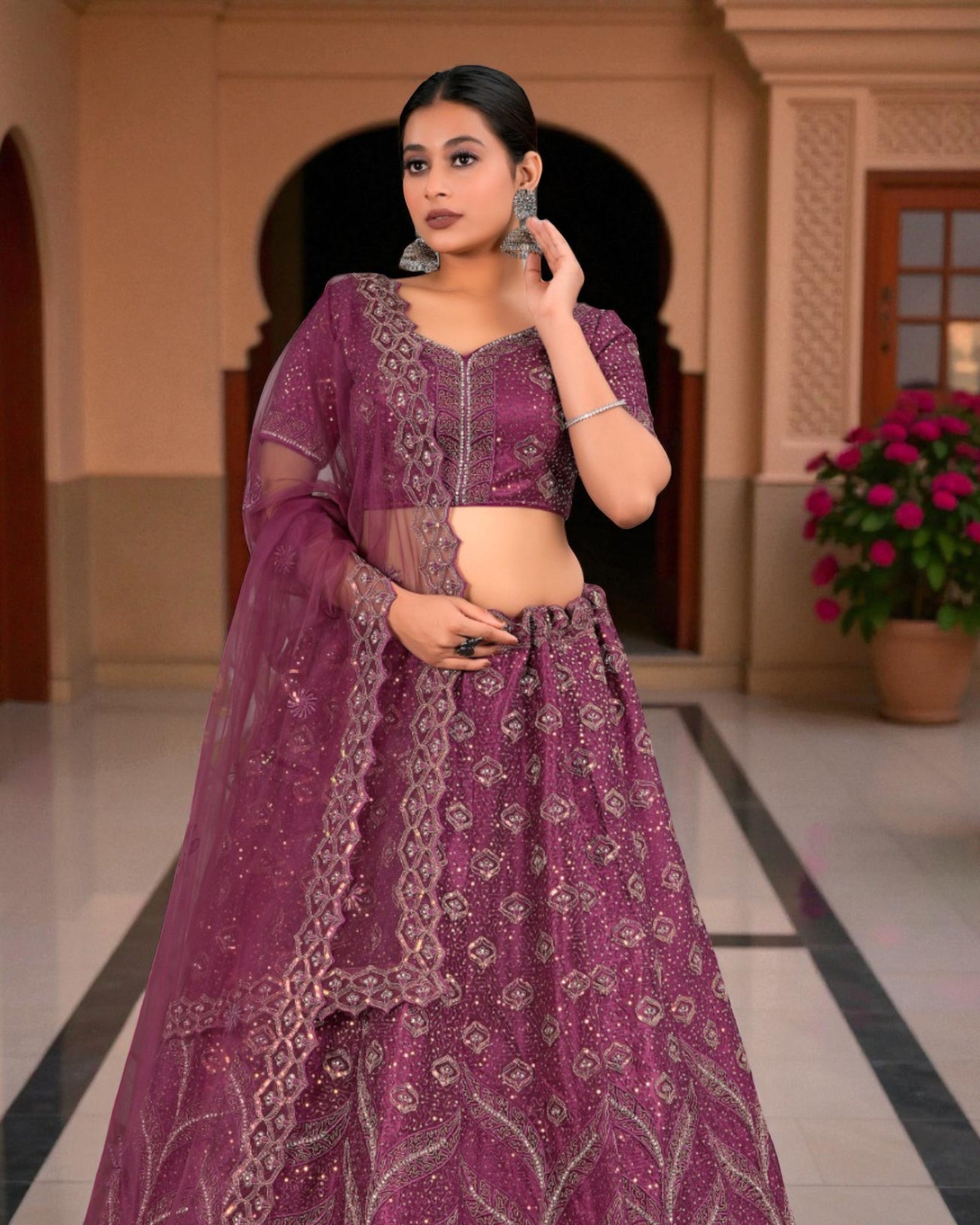 Gajri Beadwork Semi Stitched Lehenga Set