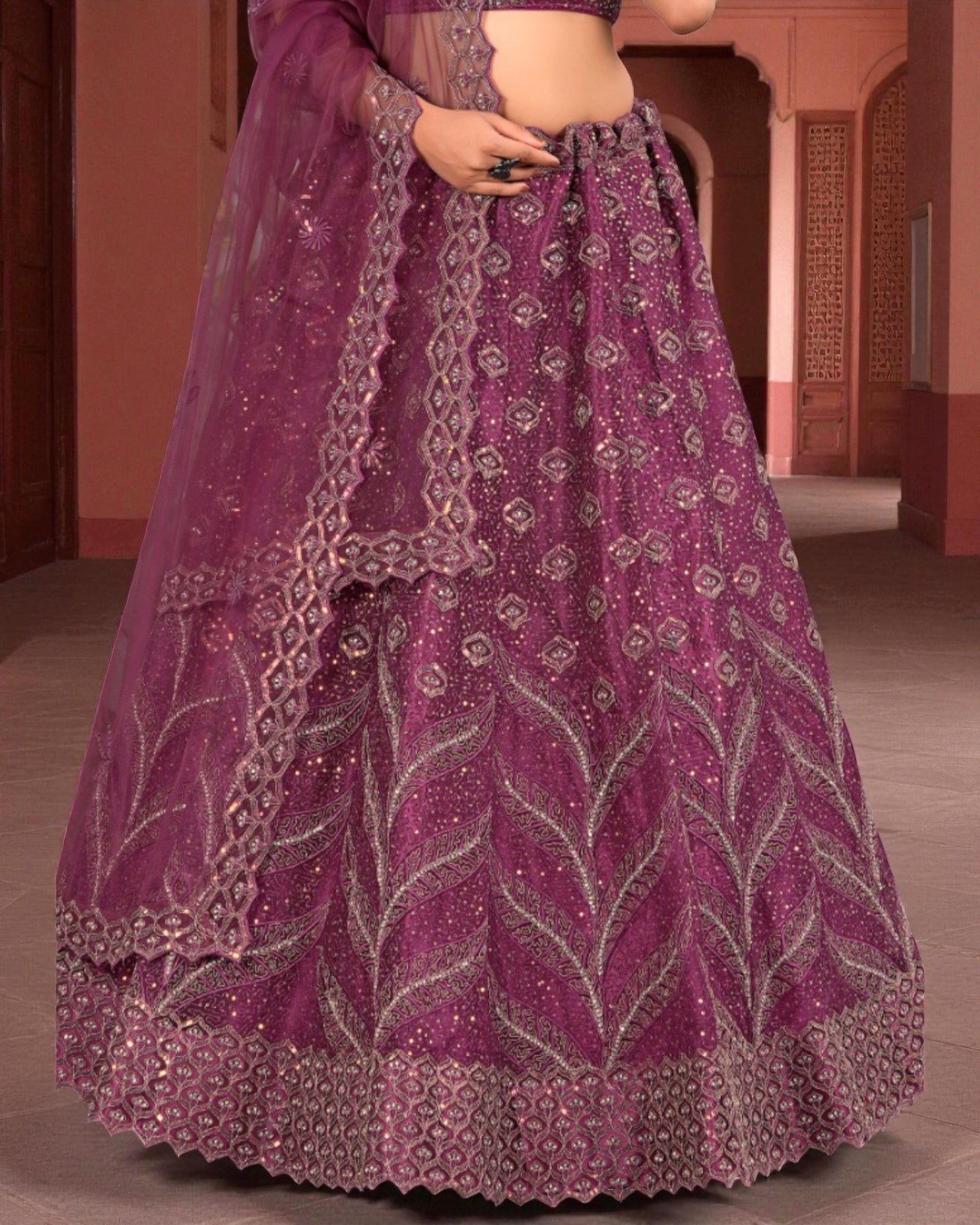 Gajri Beadwork Semi Stitched Lehenga Set