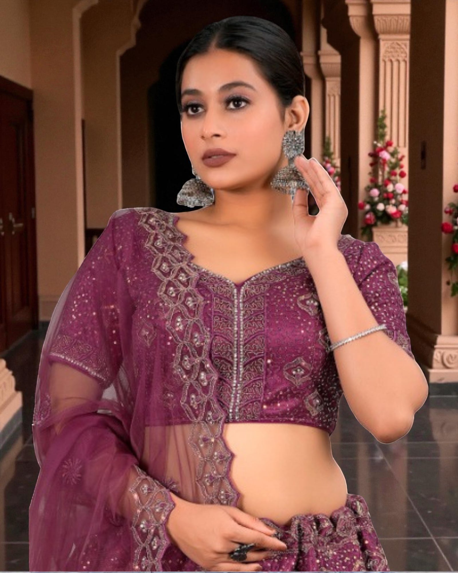Gajri Beadwork Semi Stitched Lehenga Set