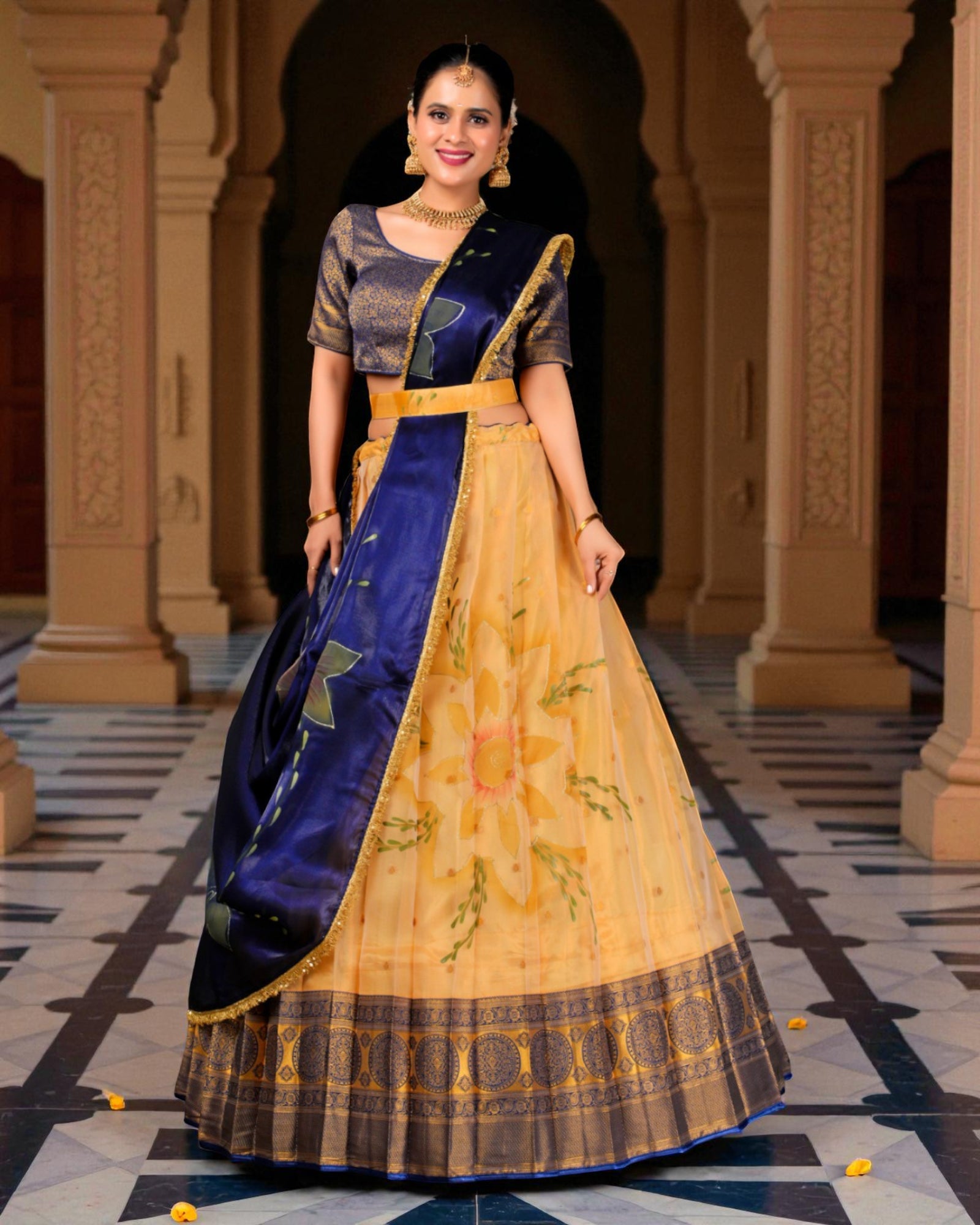 Gold Zari Art Floral Semi Stitched Lehenga