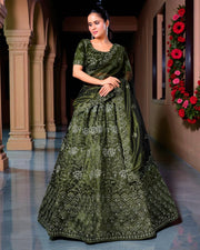 Mehendi Green Twill Net Embroidered Lehenga