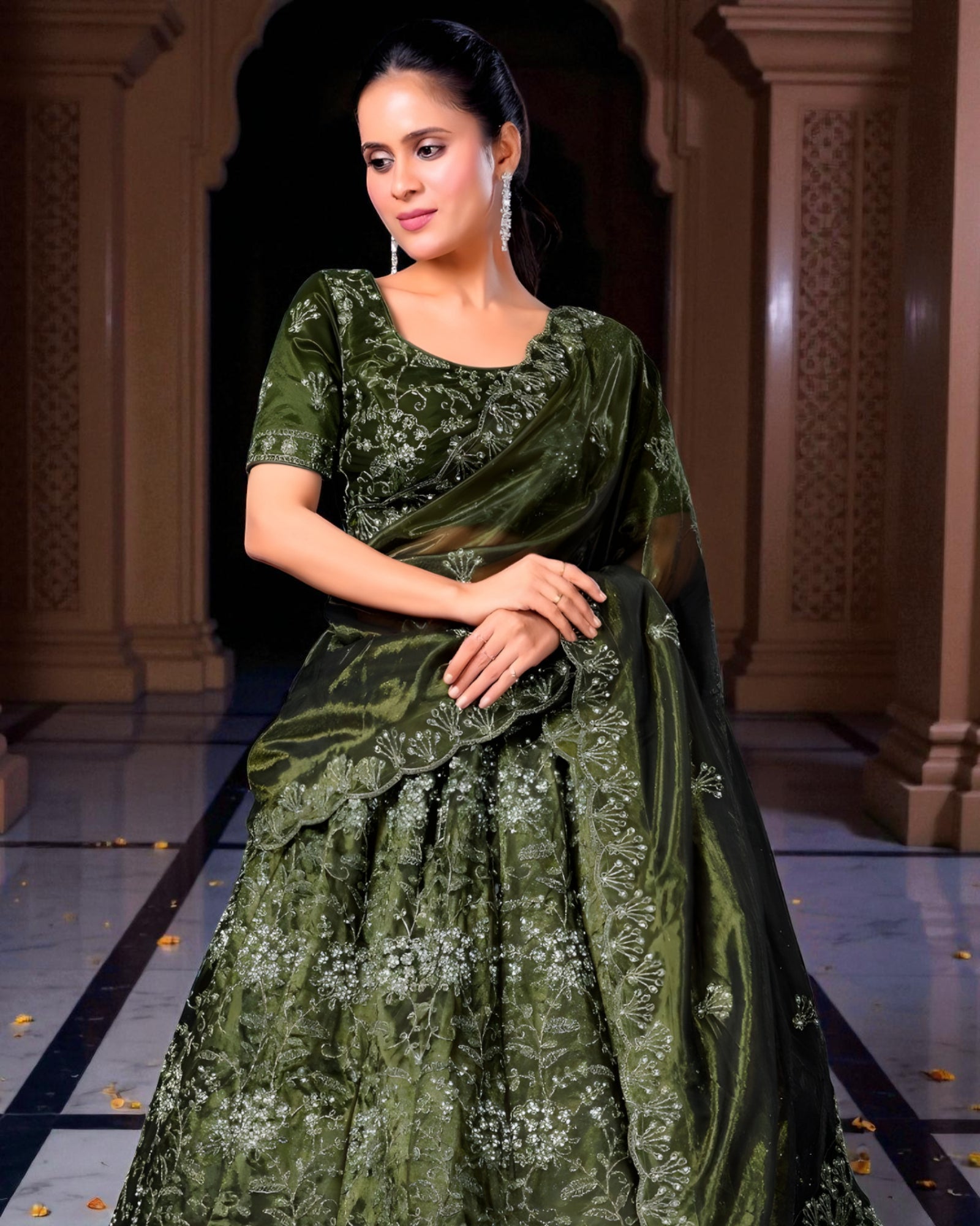 Mehendi Green Twill Net Embroidered Lehenga