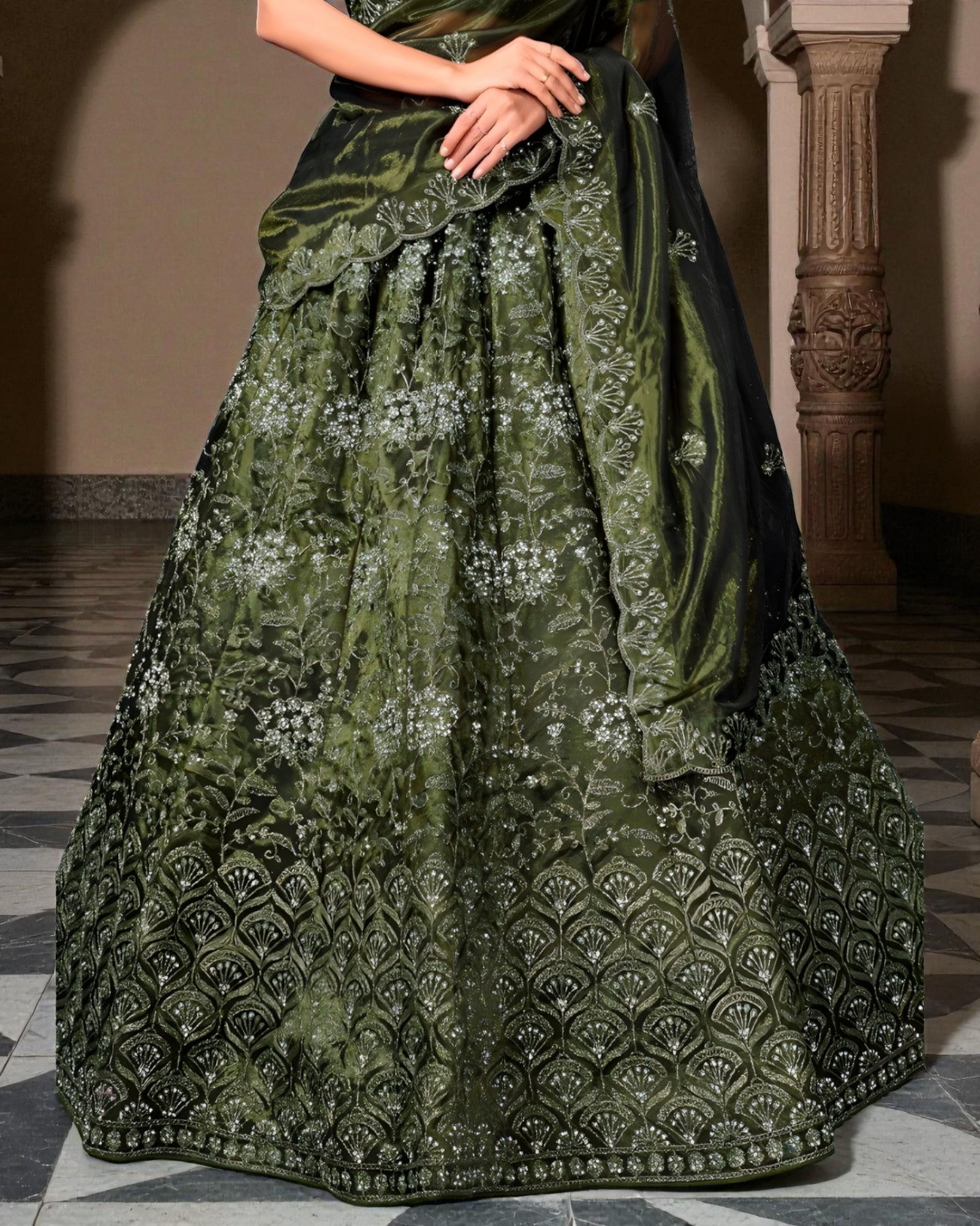 Mehendi Green Twill Net Embroidered Lehenga