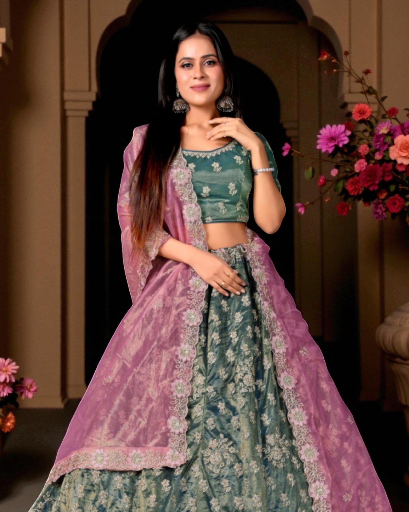 Grey Cotton Embroidered Semi Stitched Lehenga Set