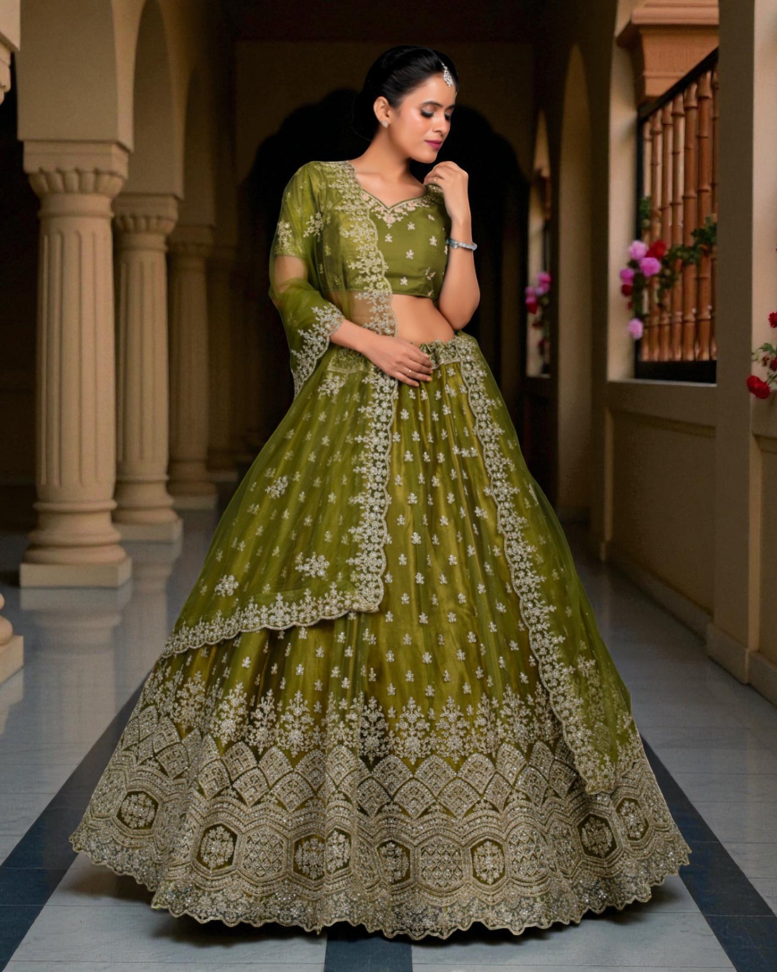 Green Thread Work Fusion Lehenga
