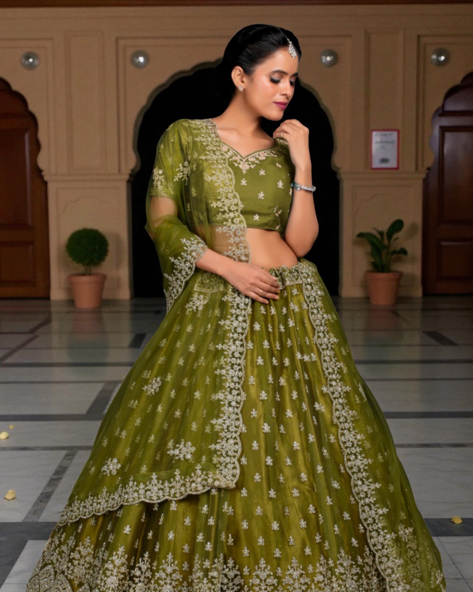 Green Thread Work Fusion Lehenga