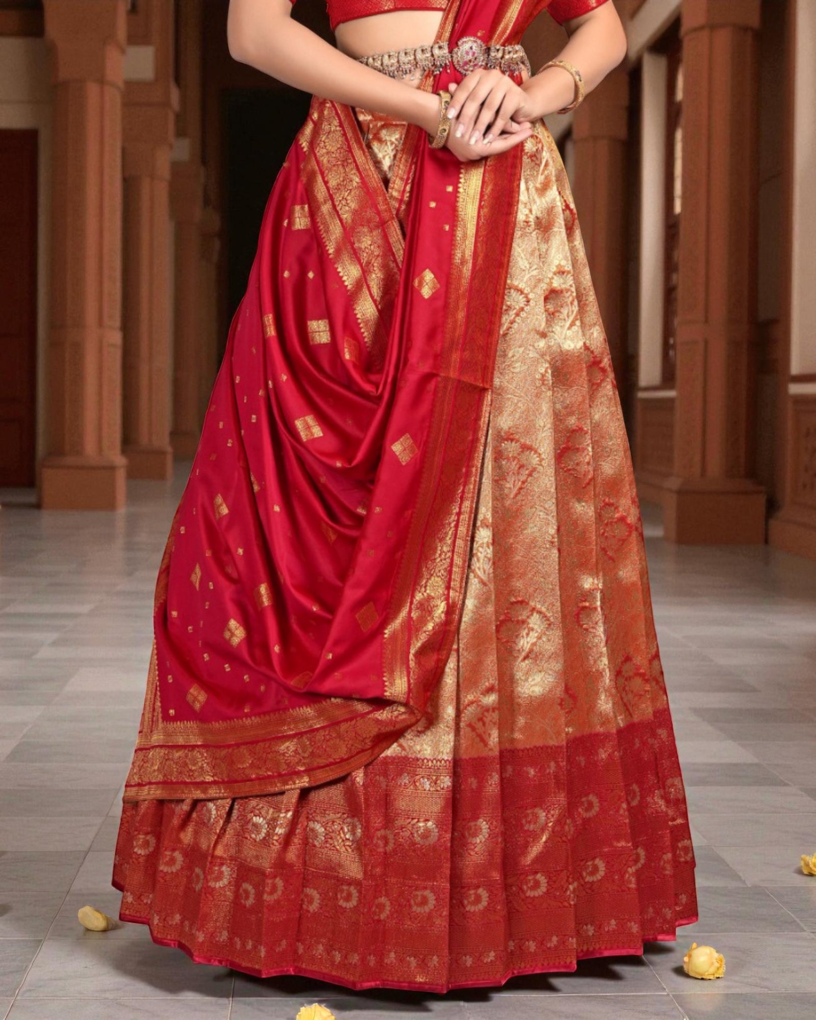 Vibrant Red Banarasi Silk Half Saree with Zari