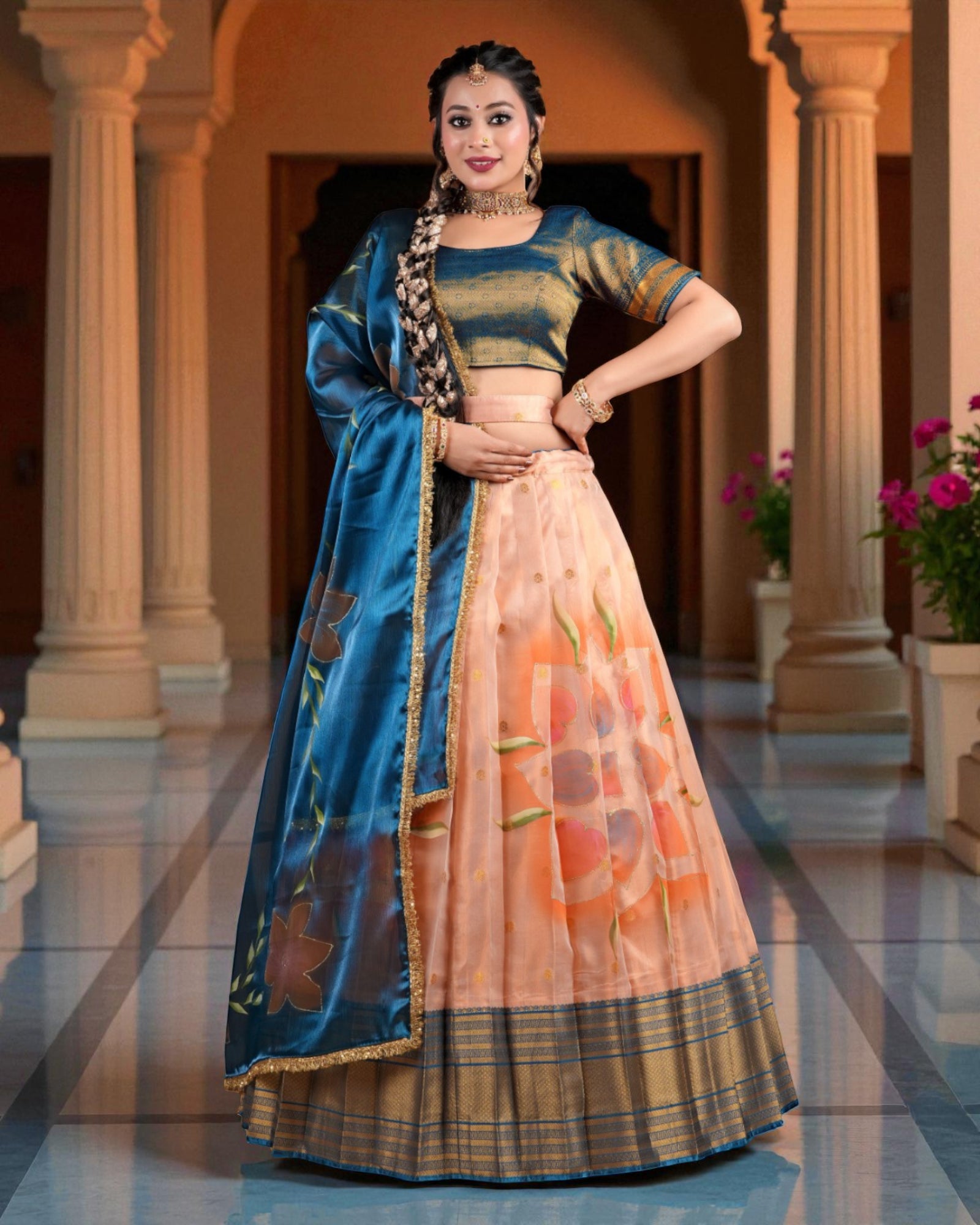 Peach Floral Embroidered Lehenga Set