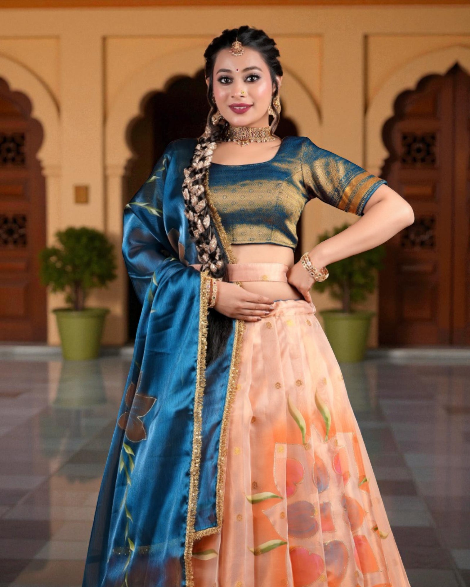 Peach Floral Embroidered Lehenga Set