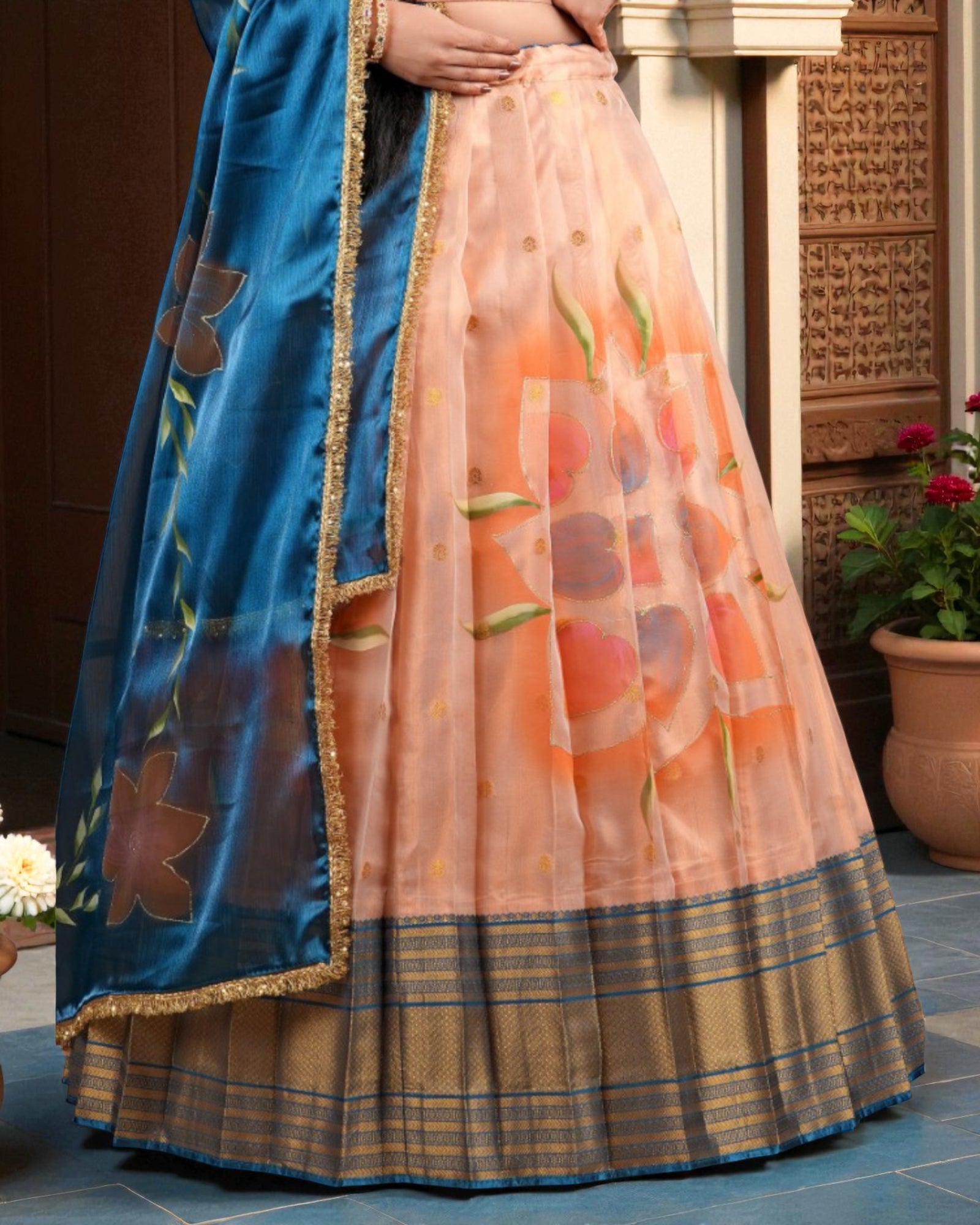 Peach Floral Embroidered Lehenga Set