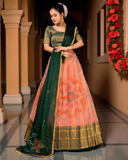 Peach Floral Zari Art Semi Stitched Lehenga