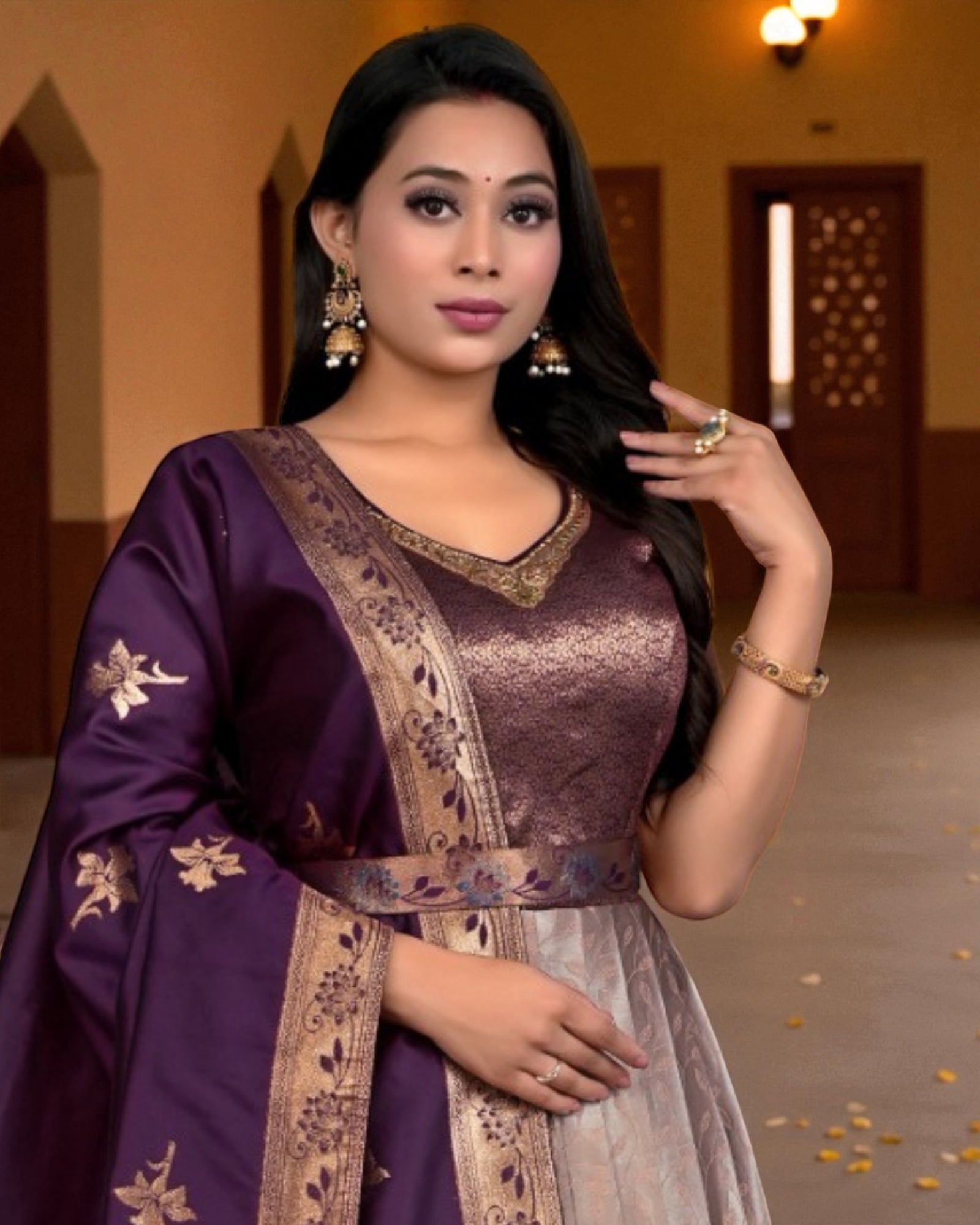Peach Banarasi Silk Gown