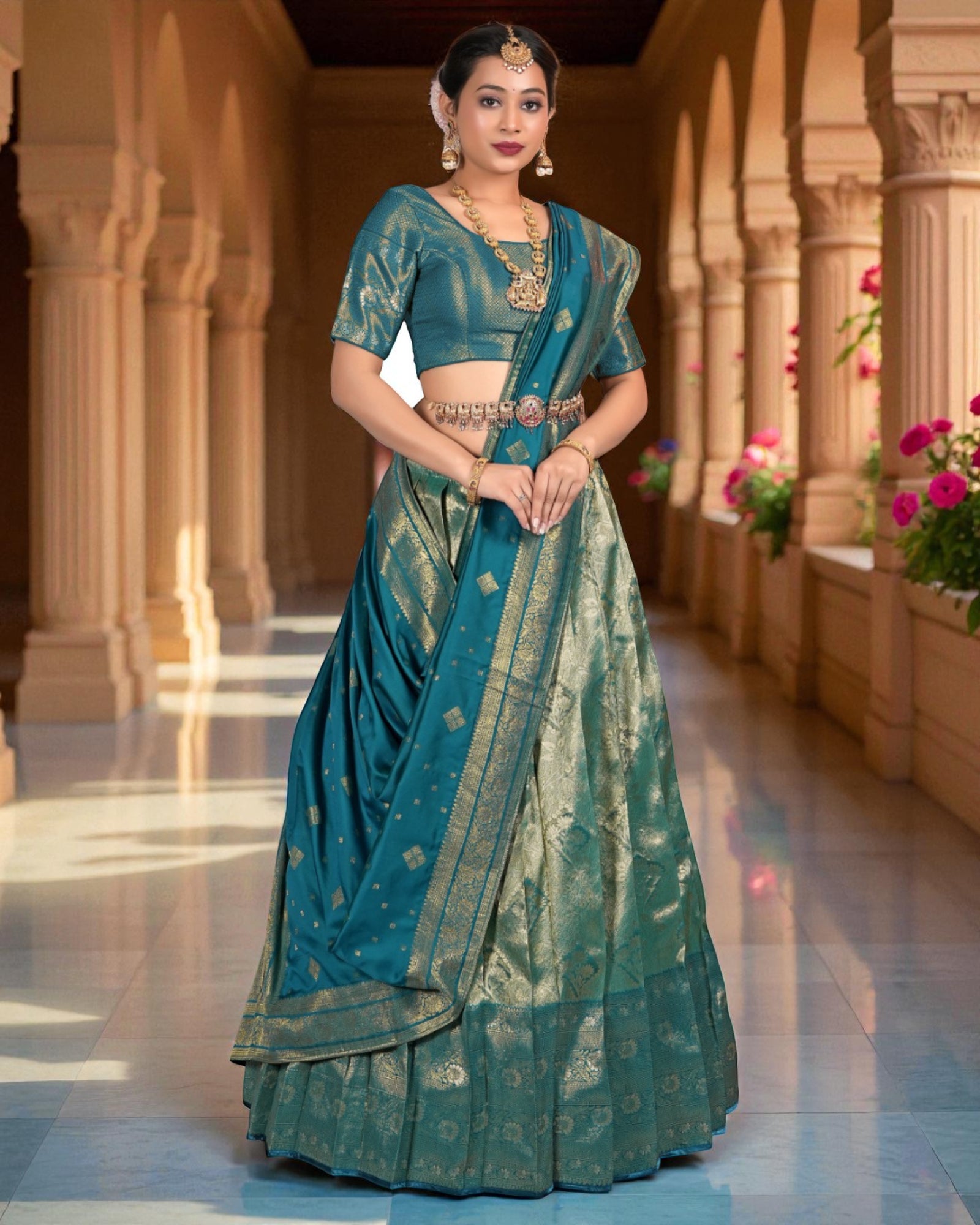 Firozi Banarasi Silk Half Saree With Zari Detailing