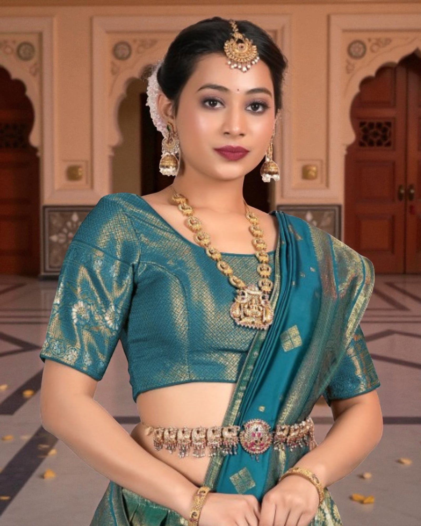 Firozi Banarasi Silk Half Saree With Zari Detailing
